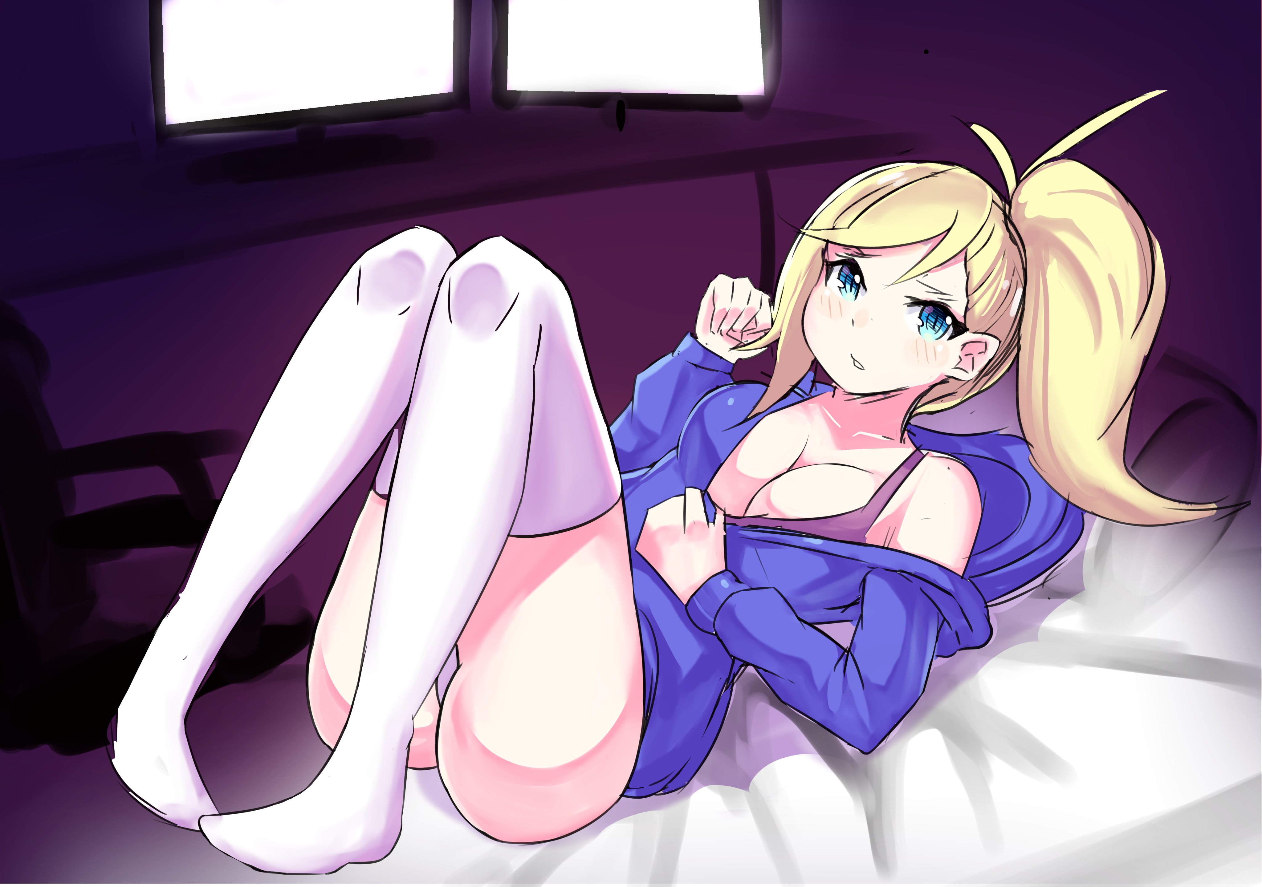 1girls, ass, asymmetrical hair, bangs, bed, blonde hair, blue eyes, blue hoodie, breasts, cleavage, female, female only, gear art, high resolution, hoodie, kneehighs, large breasts, looking at viewer, minerva (re:zero), on bed, parted bangs, ponytail, presenting, presenting breasts, re:zero kara hajimeru isekai seikatsu, side ponytail, solo, thighs, tied hair, very high resolution
