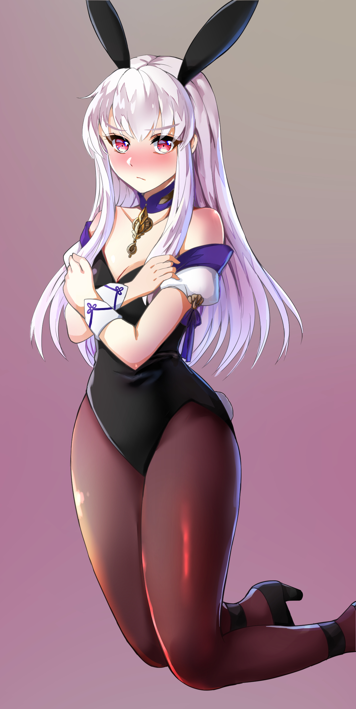 1girls, alternate costume, bare shoulders, blush, breasts, bunny ears, bunny girl, bunnysuit, cleavage, female, female only, fire emblem, fire emblem: three houses, long hair, looking at viewer, lysithea von ordelia, medium breasts, nintendo, pink eyes, solo, tara (szzj7733), white hair