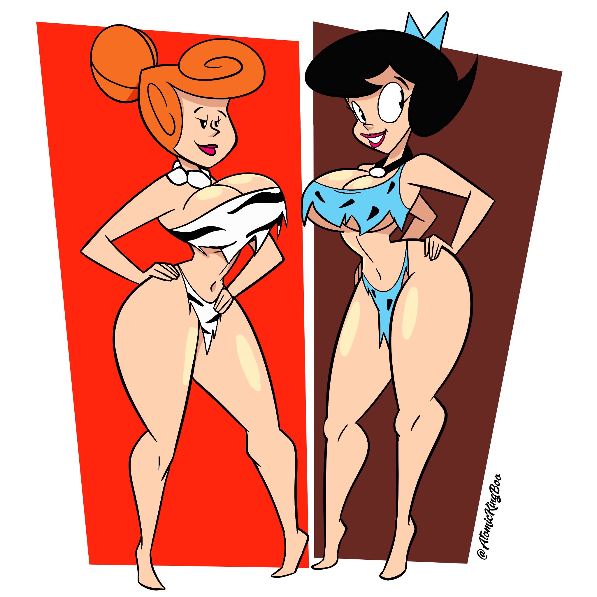 2girls, artist name, atomickingboo, barefoot, betty rubble, big breasts, black hair, breasts, bursting breasts, busty, cavewoman, cleavage, clothing, female, female only, hanna-barbera, hips, hourglass figure, large breasts, legs, light skin, light-skinned female, lips, lipstick, mature, mature female, milf, multiple females, multiple girls, orange hair, red lipstick, short hair, the flintstones, thighs, voluptuous, watermark, wide hips, wilma flintstone