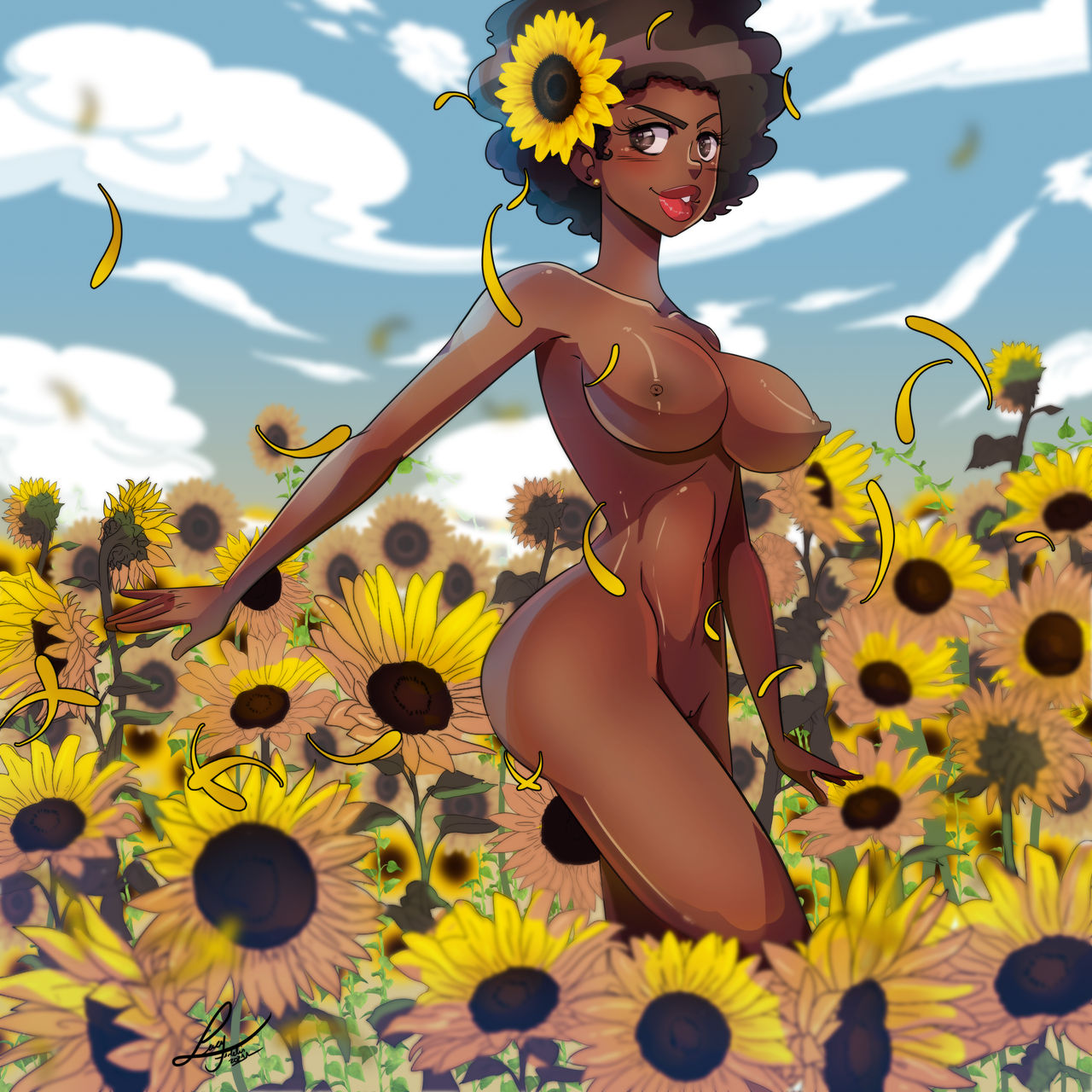 1girls afro big_ass big_breasts big_butt blush brown_eyes brown_hair dark-skinned_female dark_skin female female_only large_breasts lufidelis naked nude original original_character pussy solo sunflower toned voluptuous