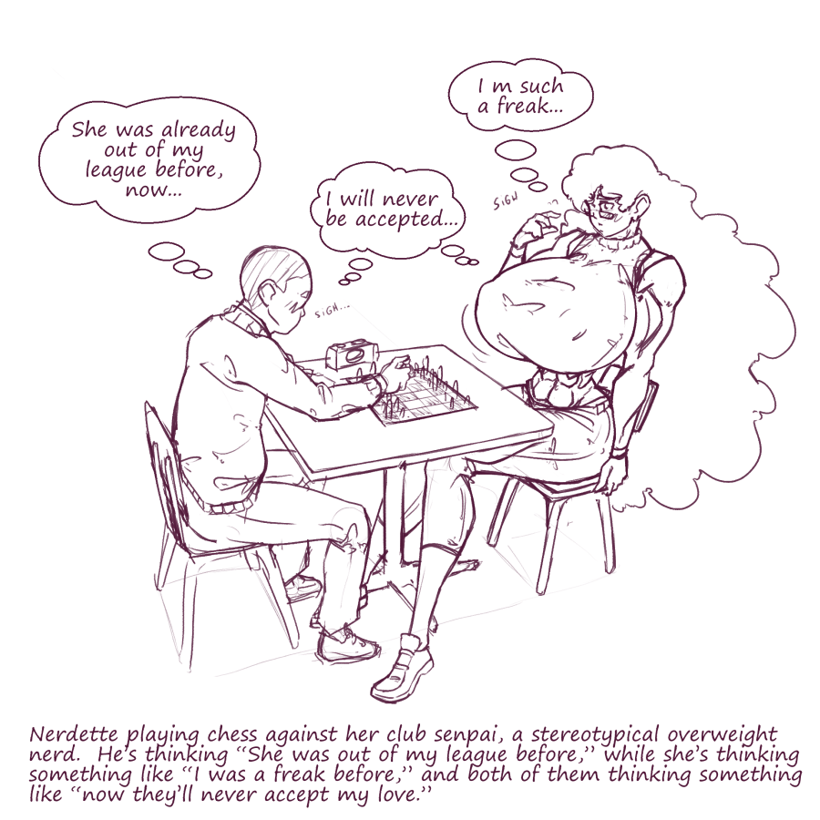 1boy 1girls amazon black_and_white breasts chess female glasses huge_breasts long_hair male monochrome muscles muscular muscular_female n647 nerdette_(n647) nipple_bulge original original_character overweight overweight_male request size_difference sketch sweater taller_girl text thought_bubble very_long_hair voluptuous
