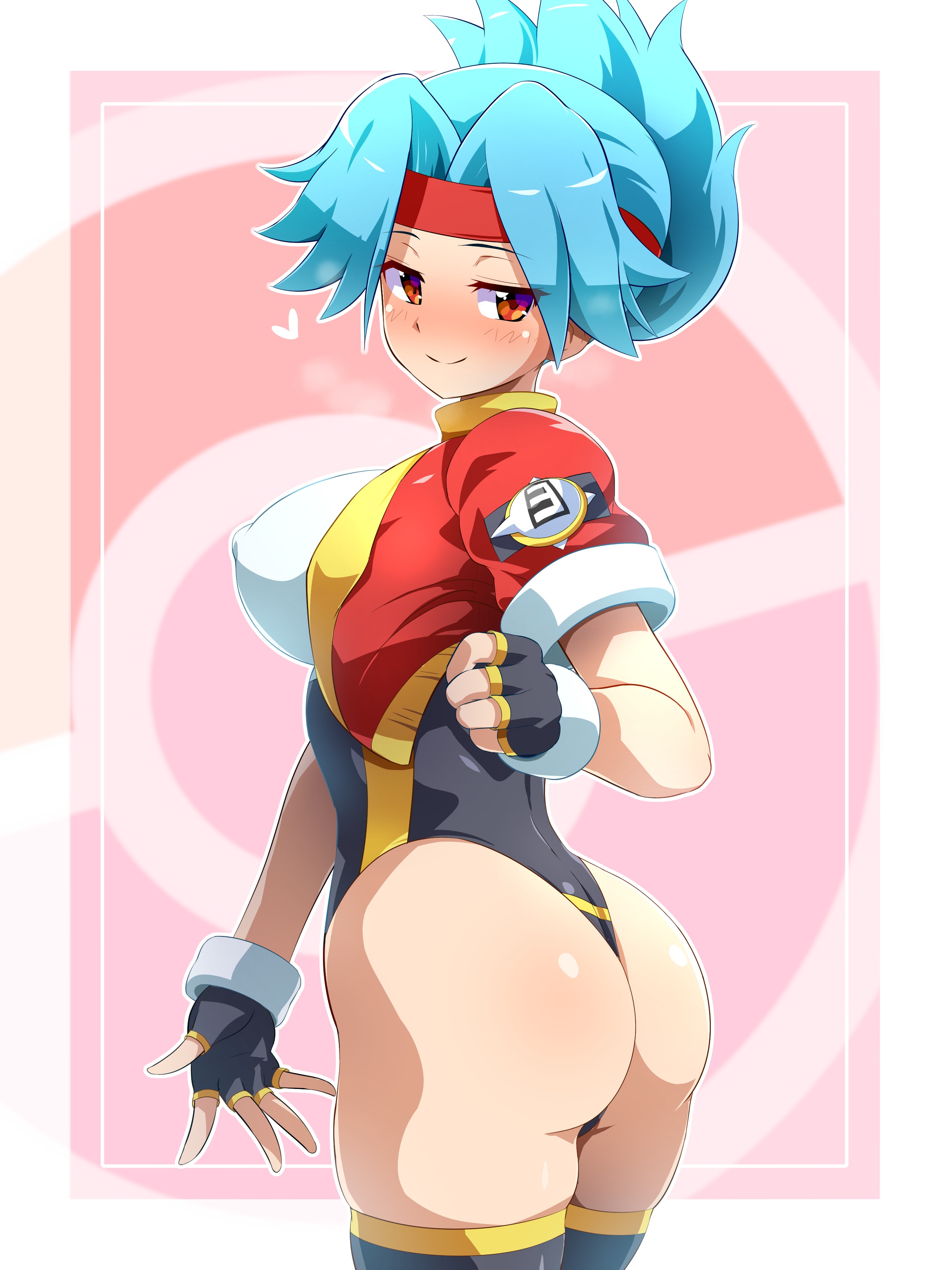 1girls, 2021, 3:4, ass, ass focus, big ass, black gloves, black leotard, blue hair, blush, breasts, clothed, clothing, cropped jacket, embarrassed, eyebrows visible through hair, eyes visible through hair, female, female only, fingerless gloves, flying sweatdrops, gloves, headband, highleg, highleg leotard, highres, horny, jacket, konpeto, large breasts, leotard, looking back, nintendo, nipple bulge, open clothes, open jacket, pink background, pokemon, pokemon ranger, ponytail, red eyes, red headband, revealing clothes, seductive, seductive eyes, seductive look, seductive smile, shirt, skindentation, smile, solana (pokemon), solo, standing, sweat, sweatdrop, thick thighs, thighhighs, thighs, tied hair, zettai ryouiki