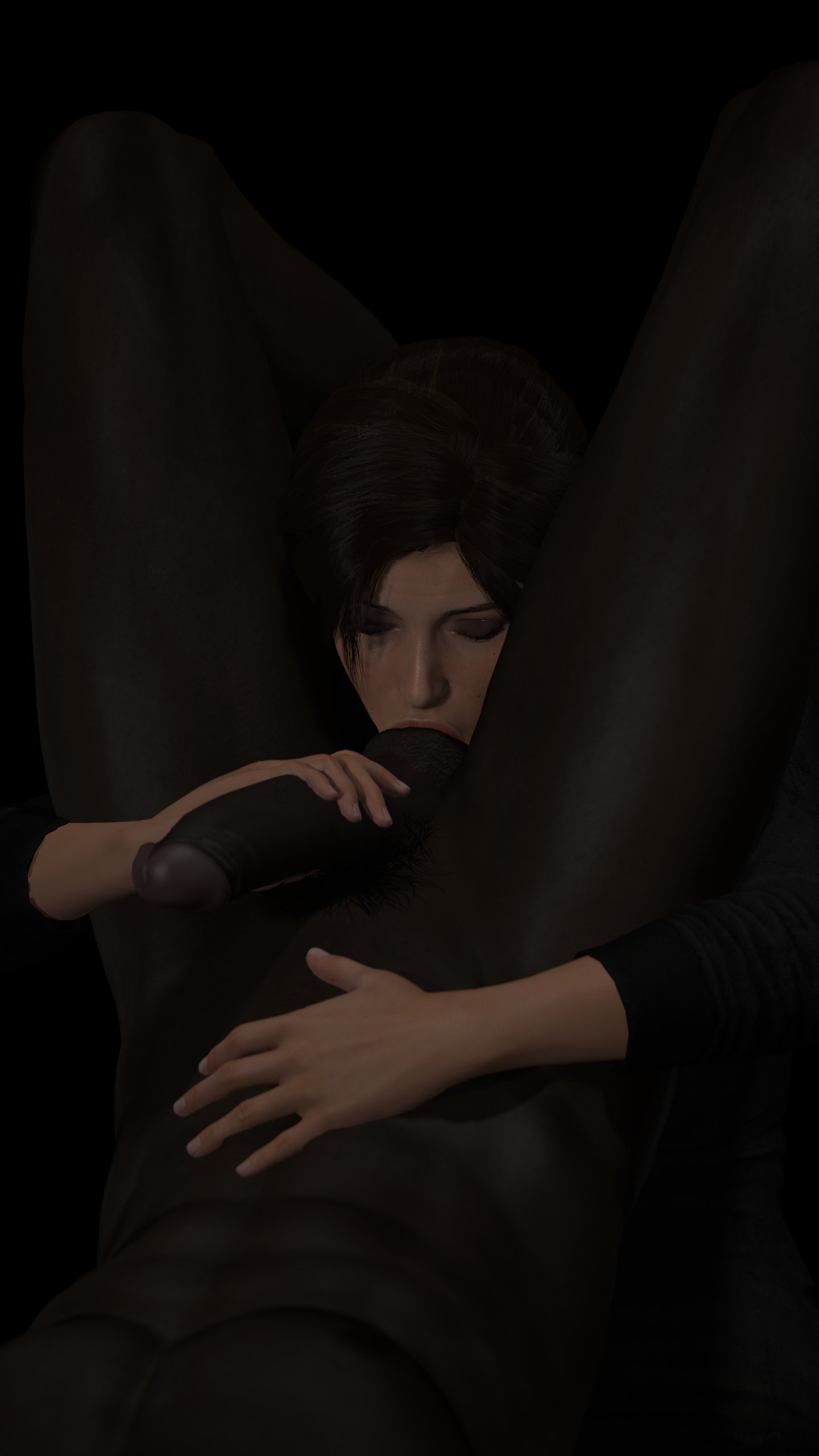 1boy, 1girls, 3d, balls, balls sucking, big penis, clothed female nude male, dark skin, dark-skinned male, female, interracial, lara croft, lara croft (survivor), male, no eyewear, penis, redhorn11, tomb raider, tomb raider (survivor)