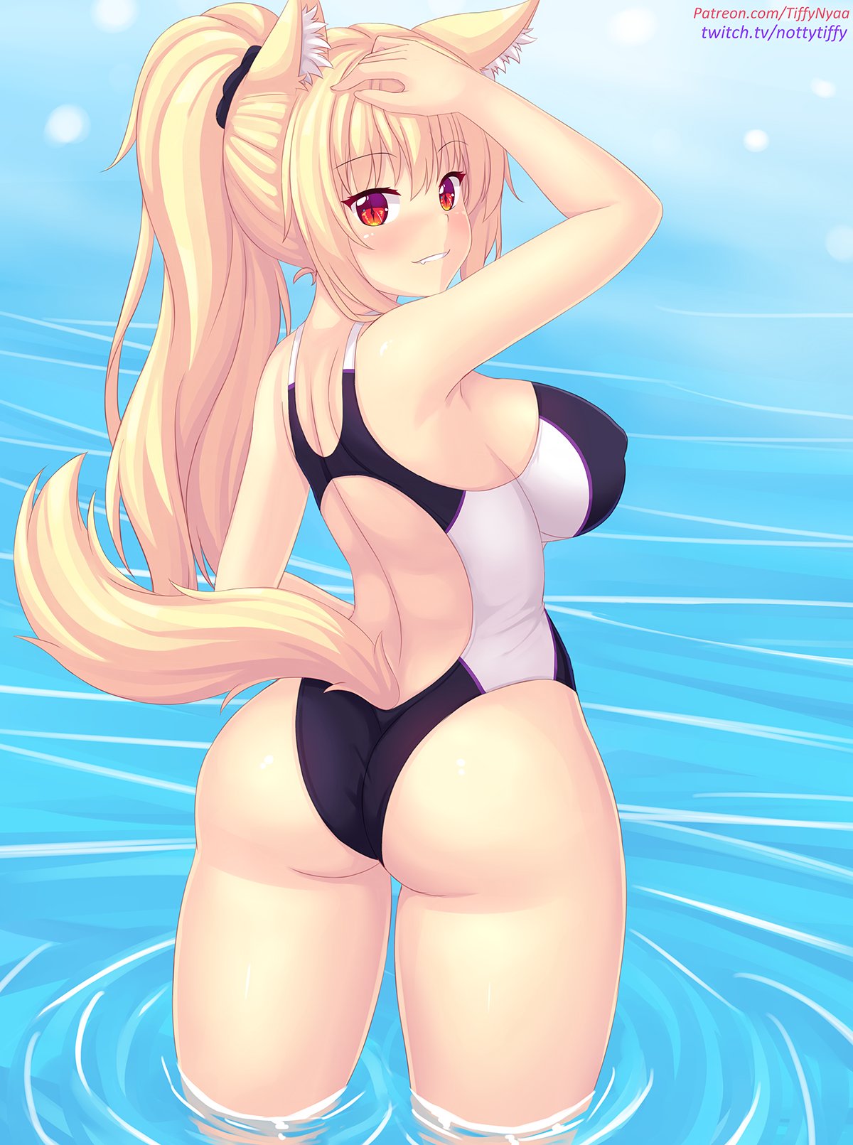 1girls animal_ears animal_tail ass biting_lip blonde_hair blush breasts eyebrows_visible_through_hair fangs female female_only fox_ears fox_girl fox_tail from_behind kemonomimi large_breasts looking_at_viewer looking_back one-piece_swimsuit ponytail red_eyes sideboob standing swimsuit tagme tail thick_thighs tiffy tiffynyaa