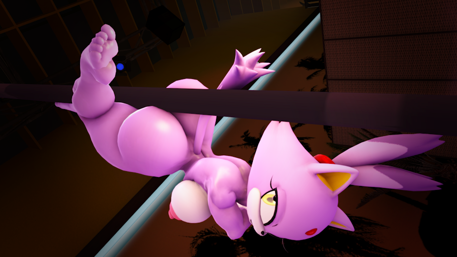 3d 3d_(artwork) anthro ass big_ass blaze_the_cat breasts domestic_cat eyelashes female fingers forehead_jewel gem gloves half-closed_eyes looking_at_viewer lowkeydiag nipples pole pole_dancing ponytail purple_body purple_hair pussy smile sonic_(series) yellow_eyes