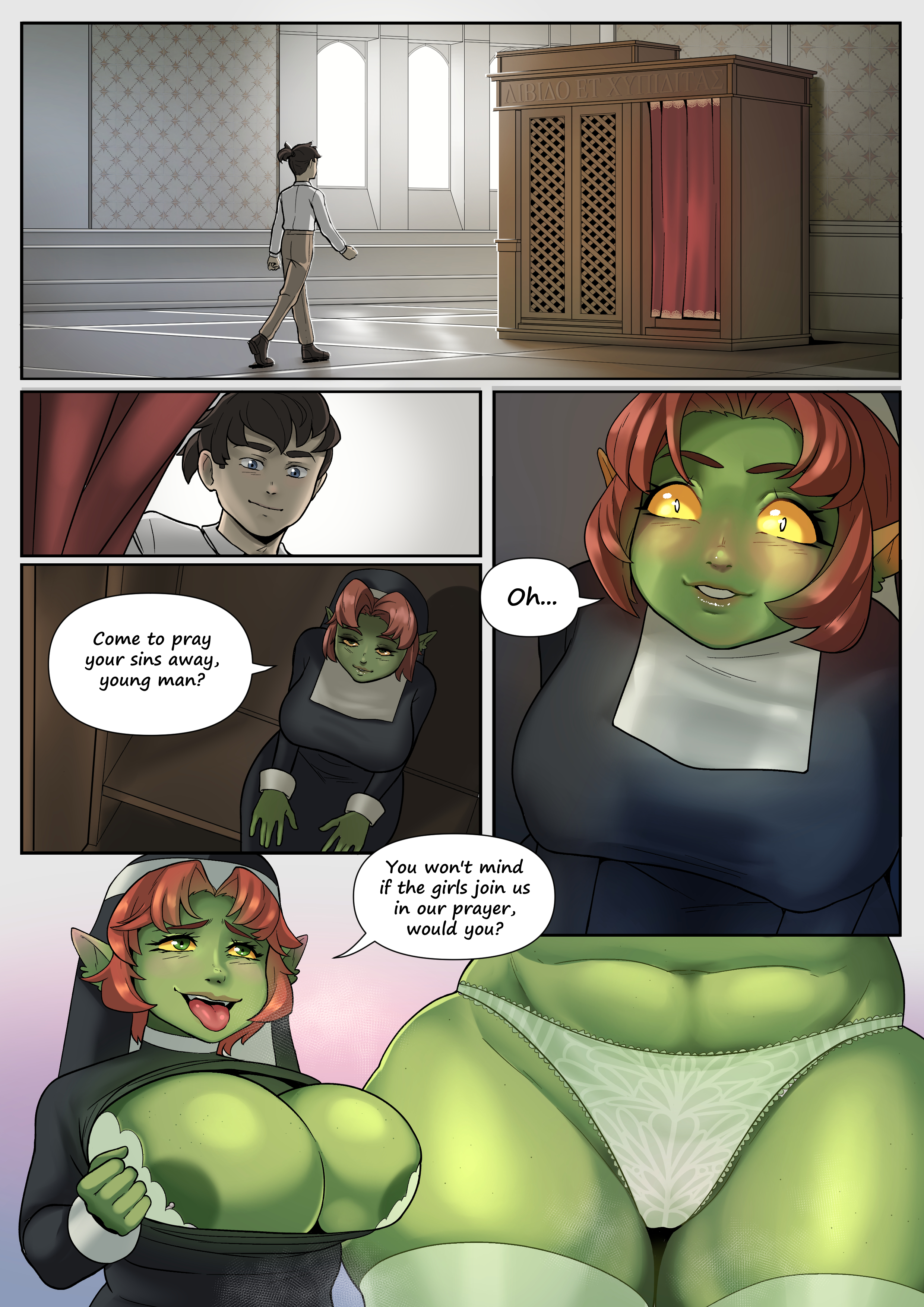 1boy, 1girls, 2020, anart (cliffpadfoot), areola slip, areolae, big breasts, breasts, brown hair, church, cleavage cutout, dialogue, english text, female, goblin, goblin female, green eyes, green skin, human, imminent sex, male, nun, nun's habit, panties, pointy ears, red hair, sassquatch, speech bubble, thigh gap, thighhighs, very high resolution, voluptuous, wide hips, yellow sclera