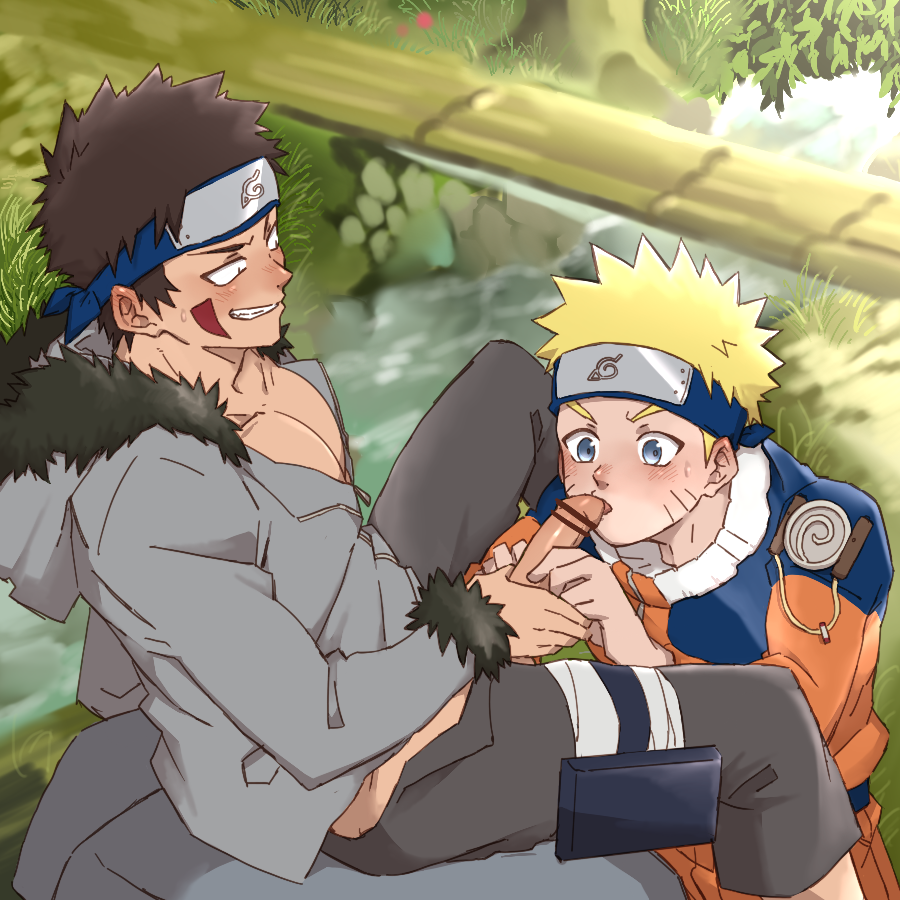 2boys, black eyes, blonde hair, blowjob, blue eyes, blush, boner, brown hair, clenched teeth, clothed, clothed sex, clothing, erection, facepaint, fellatio, forehead protector, fully clothed, gay, grin, hachikou nameko, headband, holding penis, inuzuka kiba, jacket, male, male only, male/male, naruto, naruto (classic), naruto (series), nature, oral, outdoors, outside, penis, sex, sitting, smirk, sweat, sweatdrop, tan skin, teenager, twink, uzumaki naruto, whisker markings, whiskers, yaoi, yellow hair