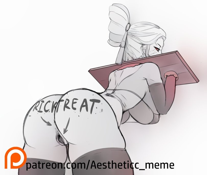 1girls, aestheticc-meme, ass, ass focus, body writing, bondage, exposed pussy, female, femsub, grey skin, paint, pale skin, pussy, rooster teeth, rwby, salem (rwby), sketch, stocks, trick or treat, white hair