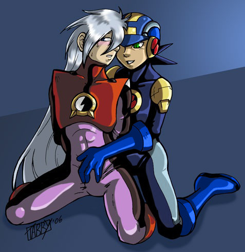 2boys blues.exe bodysuit bulge_grab crotch_rub edit erection_under_clothes male_only mega_man mega_man_battle_network megaman.exe protoman.exe robotpantytime tagme third-party_edit yaoi