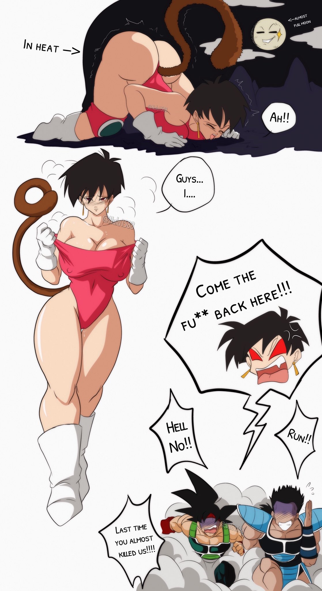 1girls 2boys angry ass ass_in_air bardock big_ass big_breasts black_hair boots breasts closed_eyes dragon_ball dragon_ball_z earrings english_text gloves horny in_heat leotard nala1588 no_eyewear on_all_fours open_mouth plain_background saiyan saiyan_armor saiyan_tail seripa short_hair shounen_jump tail text thighs toma_(dragon_ball)