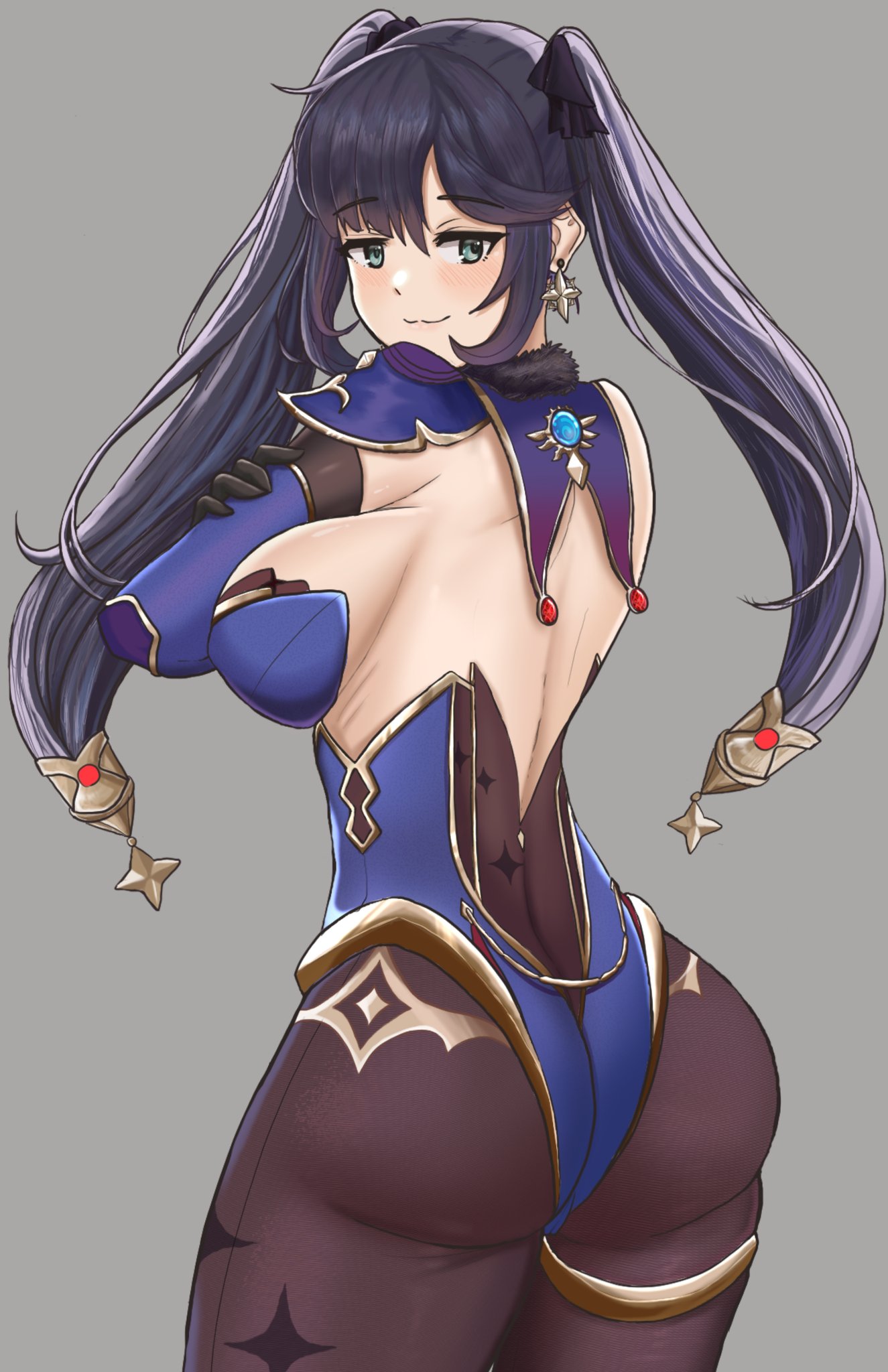 :3, 1girls, ass, big breasts, black hair, blue eyes, breasts, clothed, clothing, desspie, ear piercing, earrings, fat ass, female, genshin impact, grey background, hair ornament, huge ass, leotard, long hair, mona (genshin impact), sideboob, smug, solo, thick ass, twintails, white skin