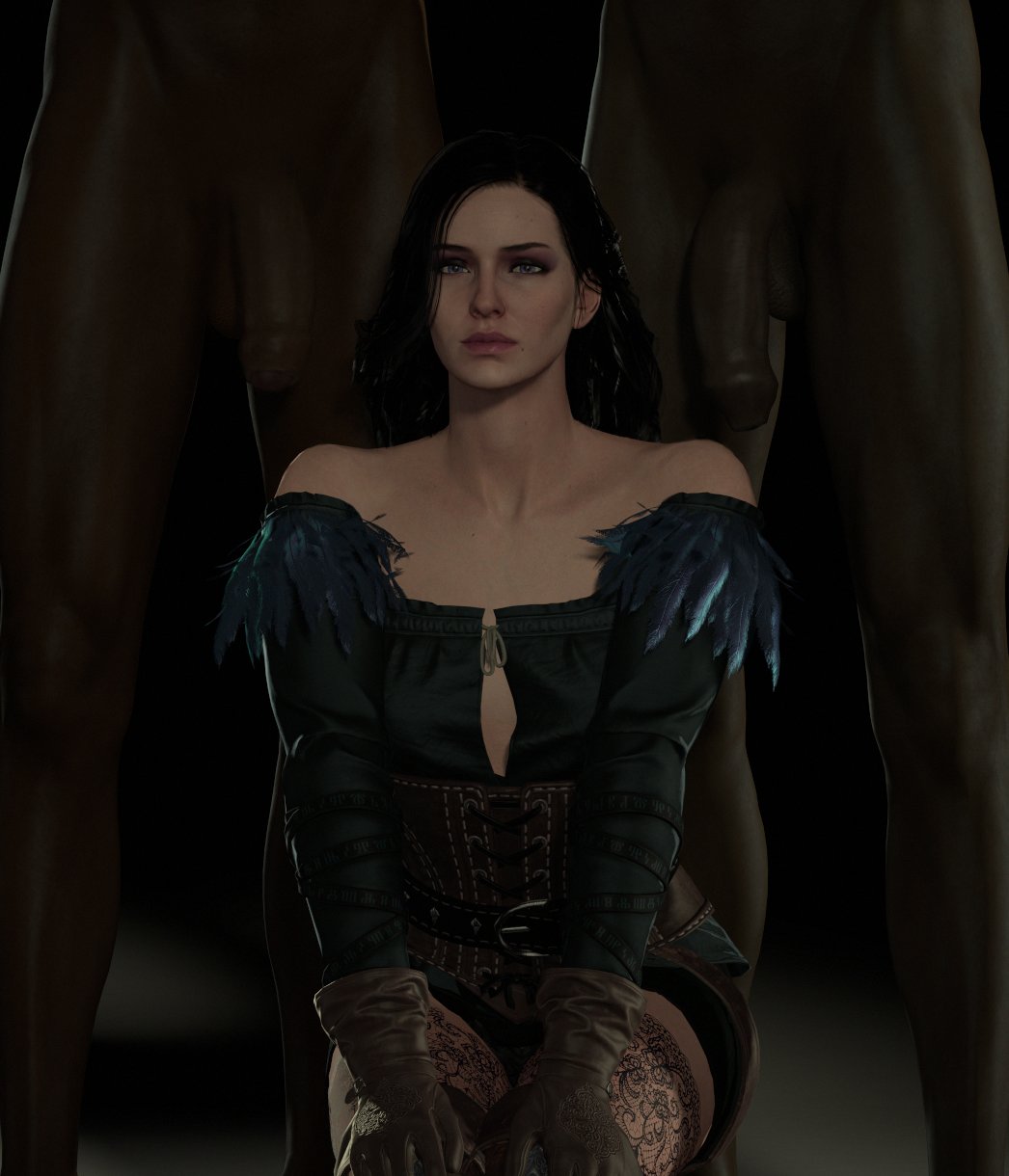 1girls, 2boys, 3d, big penis, black hair, brown gloves, cd projekt red, clothed female, dark skin, dark-skinned male, female, gloves, interracial, leather gloves, light skin, light-skinned female, male, pale skin, pale-skinned female, penis, redhorn11, the witcher, the witcher (series), the witcher 3: wild hunt, yennefer