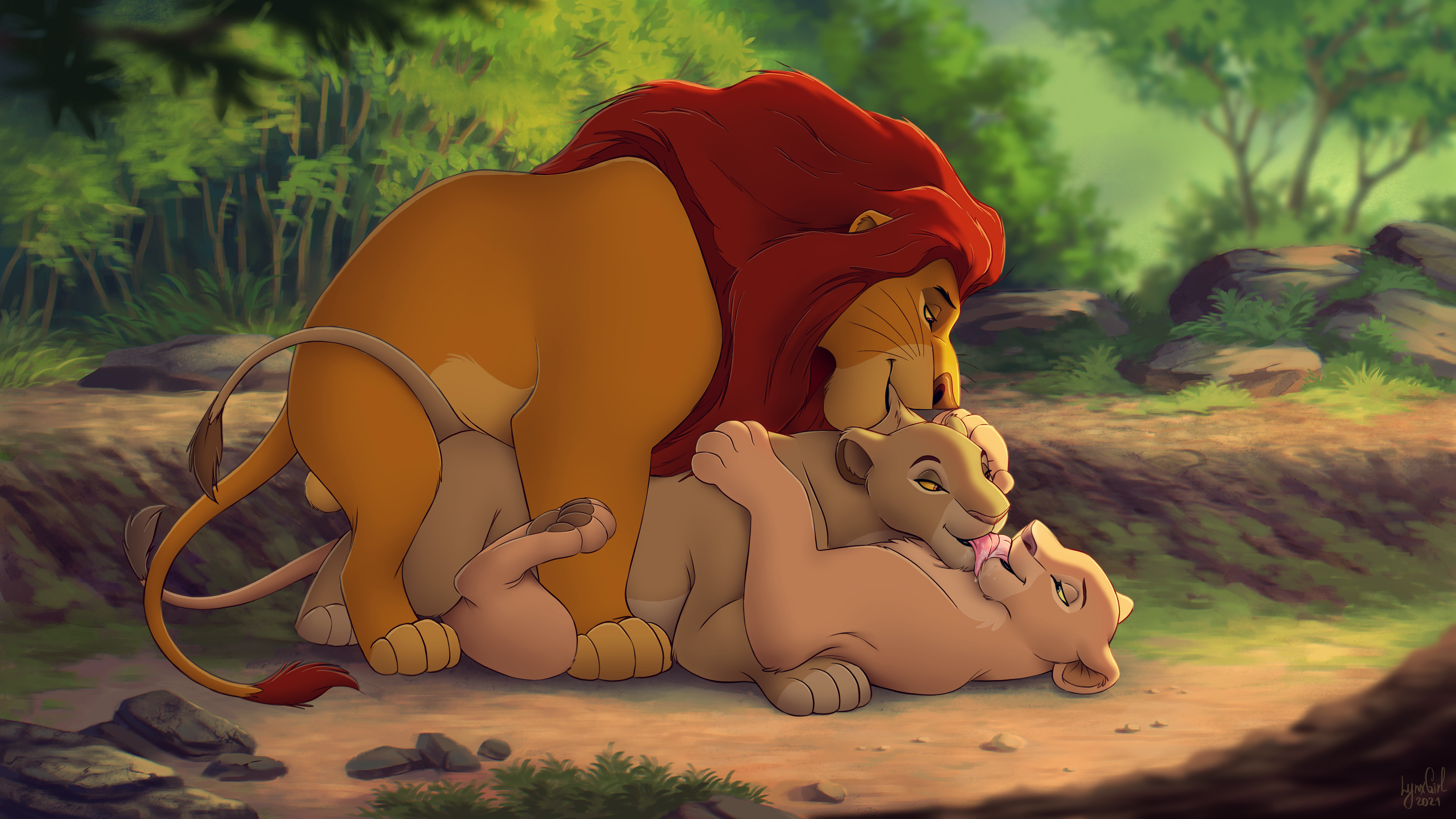 1boy, 2girls, anthro, bisexual sandwich, feline, female, feral on feral, furry, kissing, lion, lioness, male, mufasa, mufasa (the lion king), outdoors, reallynxgirl, sarabi (the lion king), sarafina (the lion king), the lion king, threesome, tongue kiss