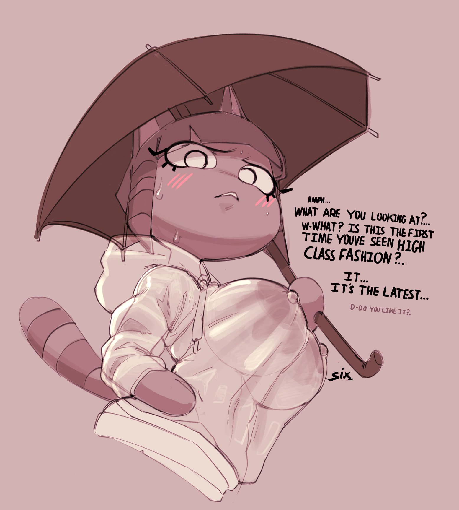 animal crossing, ankha, anthro, big breasts, blush, breasts, clothes, english text, erect nipples, feline, female, hair, hi res, hoodie, looking at viewer, monochrome, nintendo, nipples, short hair, simple background, sixsidesofmyhead, solo, text, topwear, translucent clothing, umbrella, video games, wet, wet clothes
