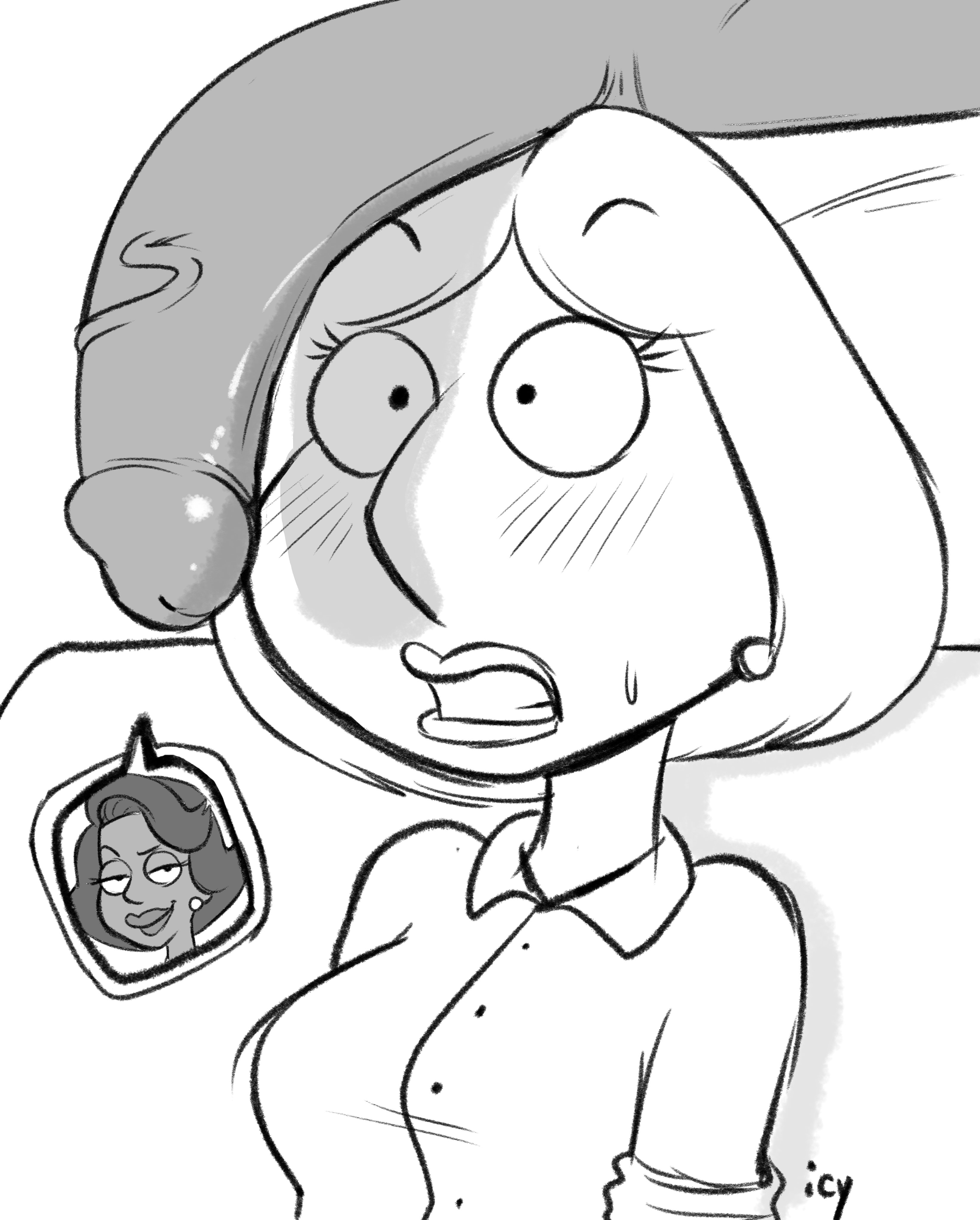 1futa, 1girls, 20th century fox, 20th century studios, alternate version available, before sex, big penis, blush, dark skin, dark-skinned futa, donna tubbs, family guy, female, fox corporation, futa on female, futanari, fuzzy door productions, hips, huge cock, intersex, iseenudepeople, lois griffin, monochrome, nervous, pants down, penis, penis awe, penis on face, penis out, smile, tagme, wide hips