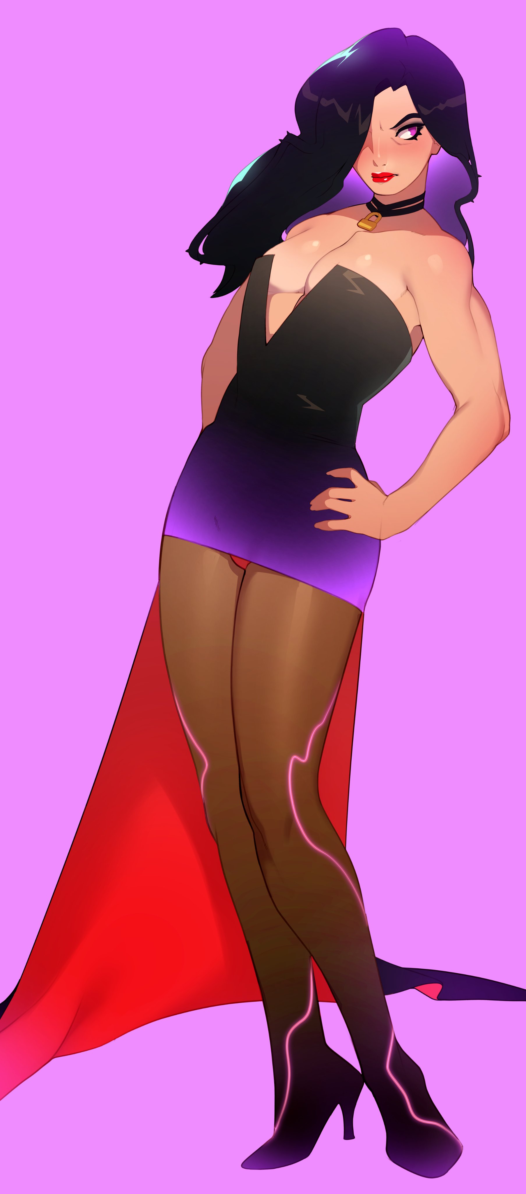 1girls, absurd res, black hair, breasts, combos-n-doodles, dress, female, female only, goth, hair over one eye, heels, high heels, long hair, looking away, masculine, original, original character, pantyhose, pink eyes, purple background, small breasts, solo, solo female, toned, toned female