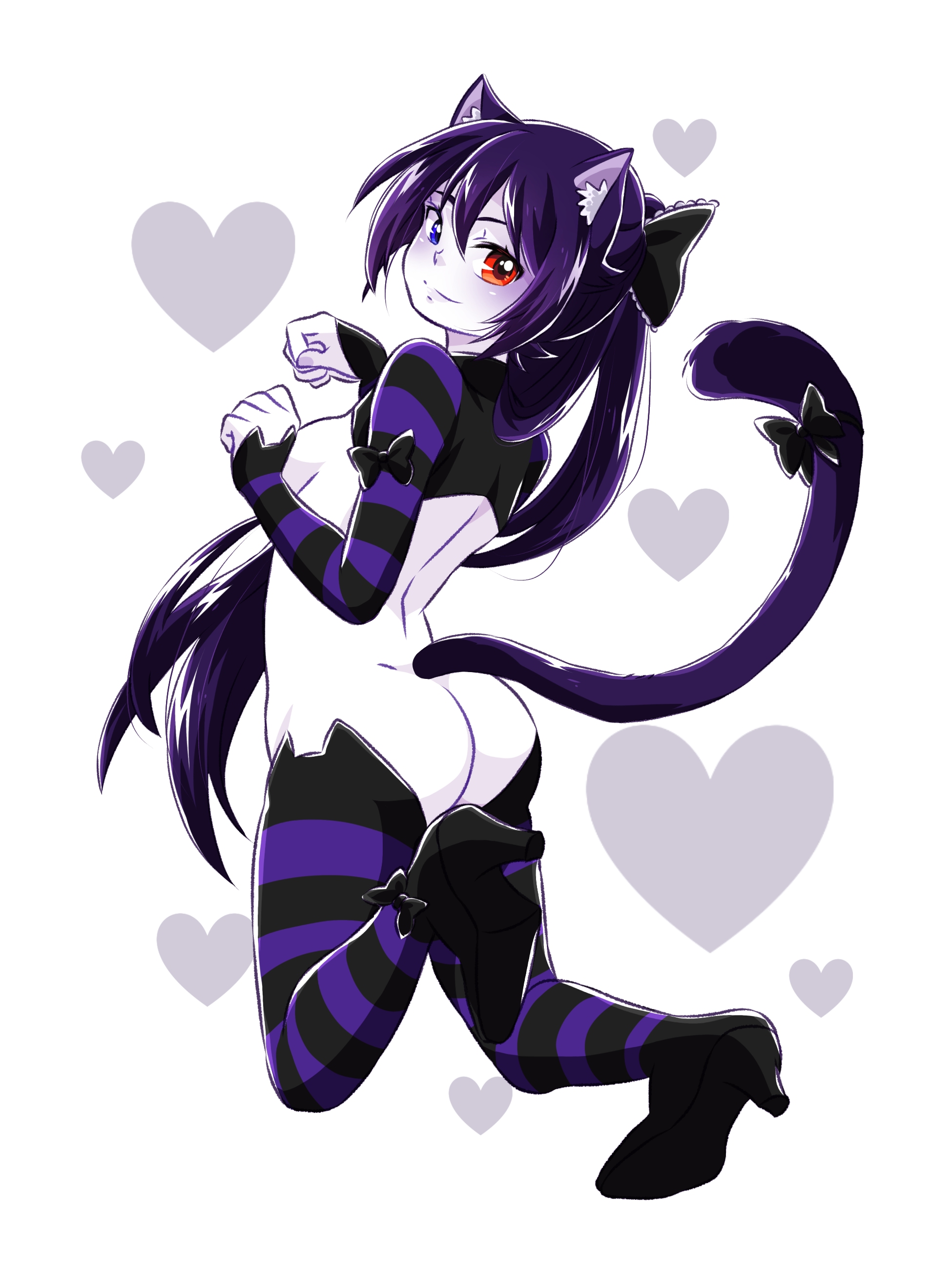 1girls, cat ears, cat girl, cat tail, catgirl, female, humanoid, looking at viewer, looking back, multicolored eyes, no bra, no panties, purple fur, purple hair, reverse bunnysuit, solo, striped thighhighs, tagme, thetotless, thighhighs, totless (vtuber), tsuki kimura, virtual youtuber, vrchat, vrchat avatar, vtuber, white skin
