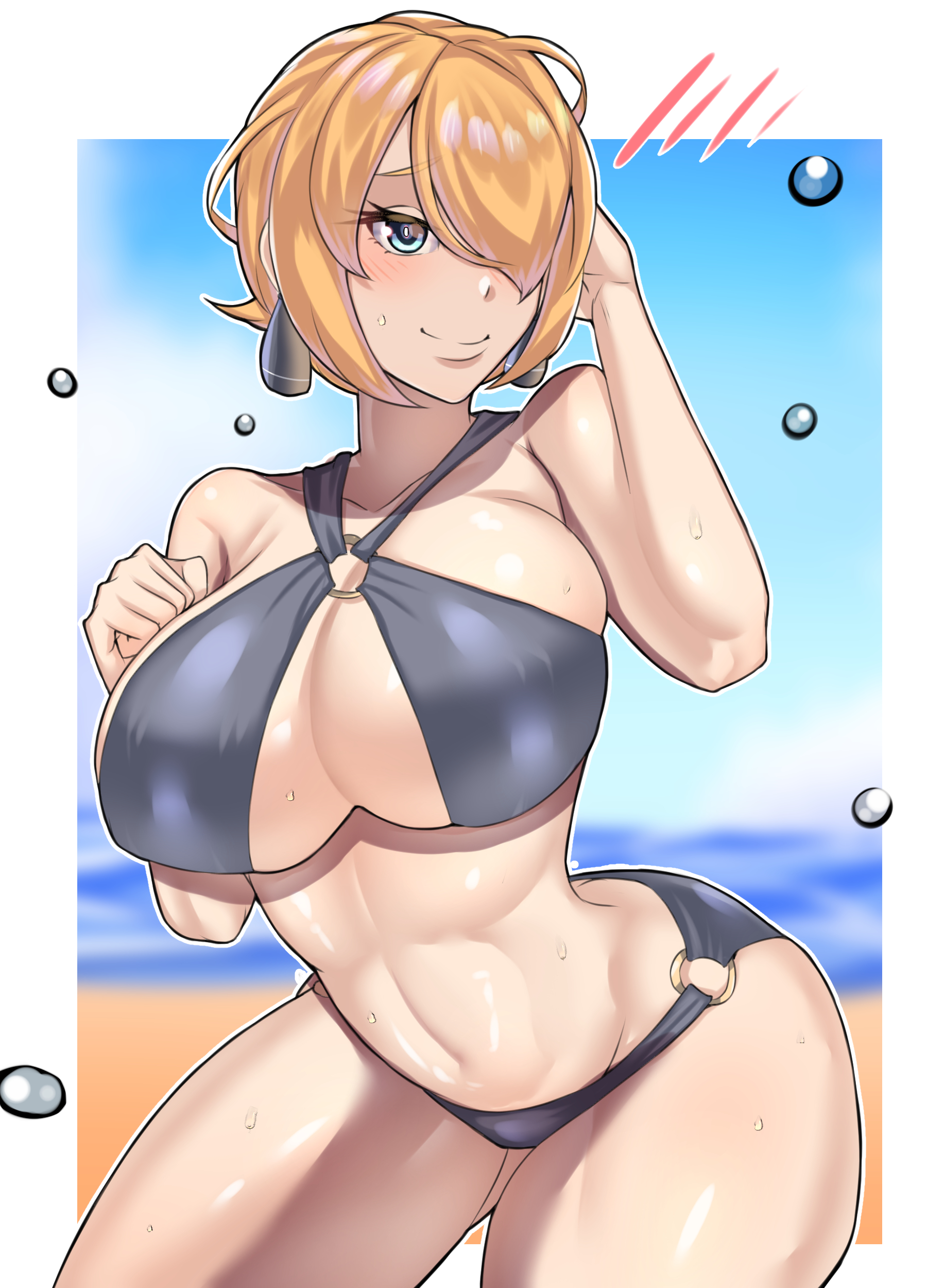 1girls, alternate hairstyle, big breasts, bikini, blonde hair, breasts, cynthia (pokemon), female, female focus, female only, game freak, grey eyes, hair ornament, nintendo, pokemon, pokemon dppt, shirosuke115, short hair, solo, wide hips