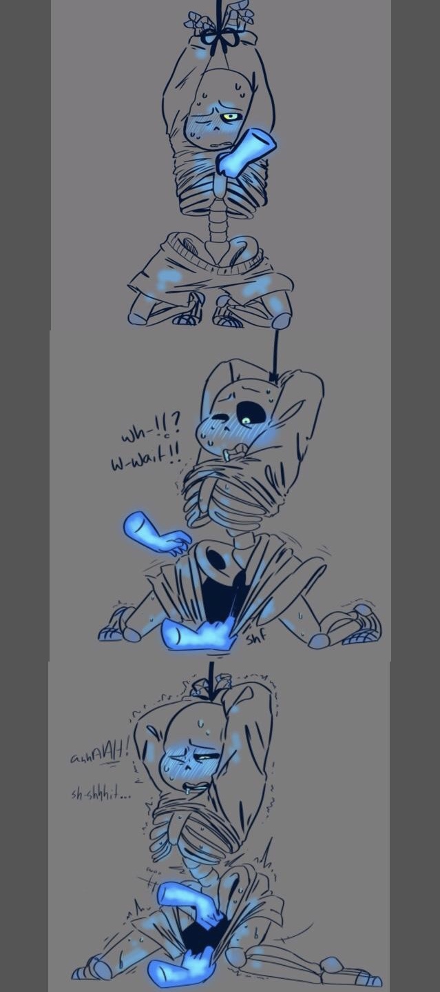 1boy animated_skeleton blue_blush blush bound_wrists disembodied_hands kneeling magic_hands male_only pants_down sans shirt_up singingsans_(artist) skeleton tied_up undertale