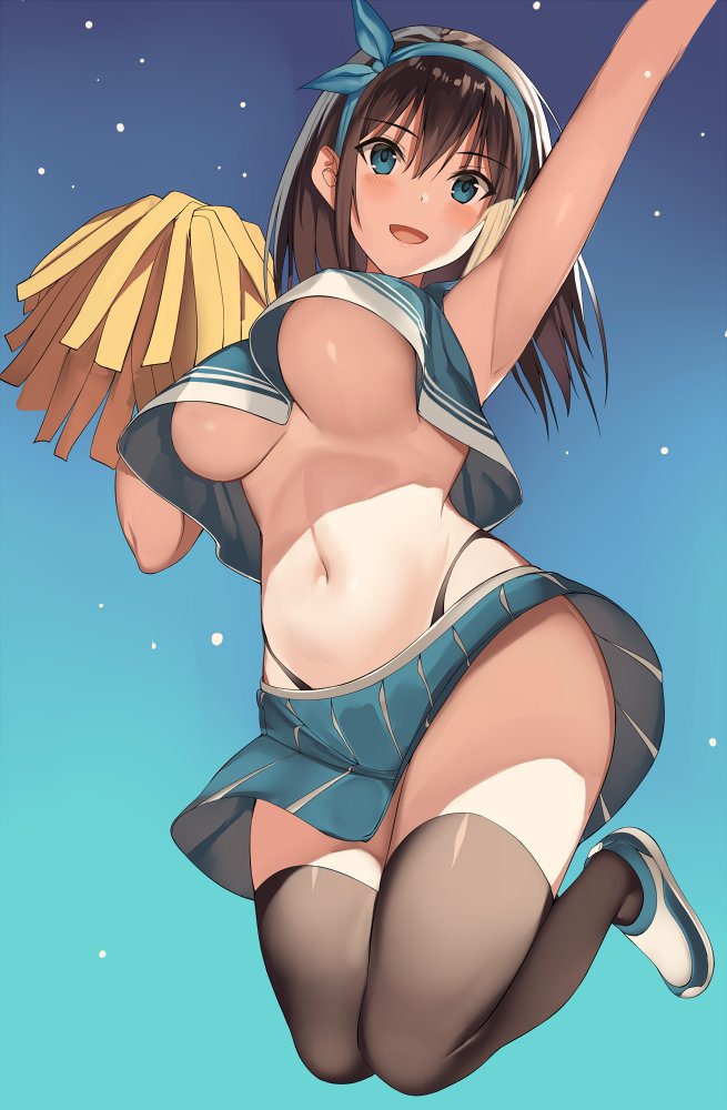 armpits, bare arms, bare shoulders, black panties, black underwear, blue eyes, blue shirt, blue skirt, breasts, brown hair, brown legwear, cheerleader, crop top, crop top overhang, female, hair ornament, hair ribbon, highleg, highleg panties, holding, jumping, kureha (ironika), large breasts, legs up, long hair, looking at viewer, midriff, miniskirt, navel, no bra, one arm up, open mouth, open-mouth smile, original, panties, pantsu, pleated skirt, pom poms, ribbon, shirt, shoes, sidelocks, skirt, sleeveless, sleeveless shirt, smile, solo, thighhighs, thighs, tsubasa (kureha), underboob, whale tail
