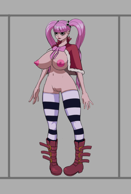 1girls, anythinggoes, areolae, ass, big breasts, breasts, color, edit, female, huge breasts, male, mostly nude, nipples, one piece, perona, pink hair, pink-haired female, pussy, shounen jump, striped legwear, twintails