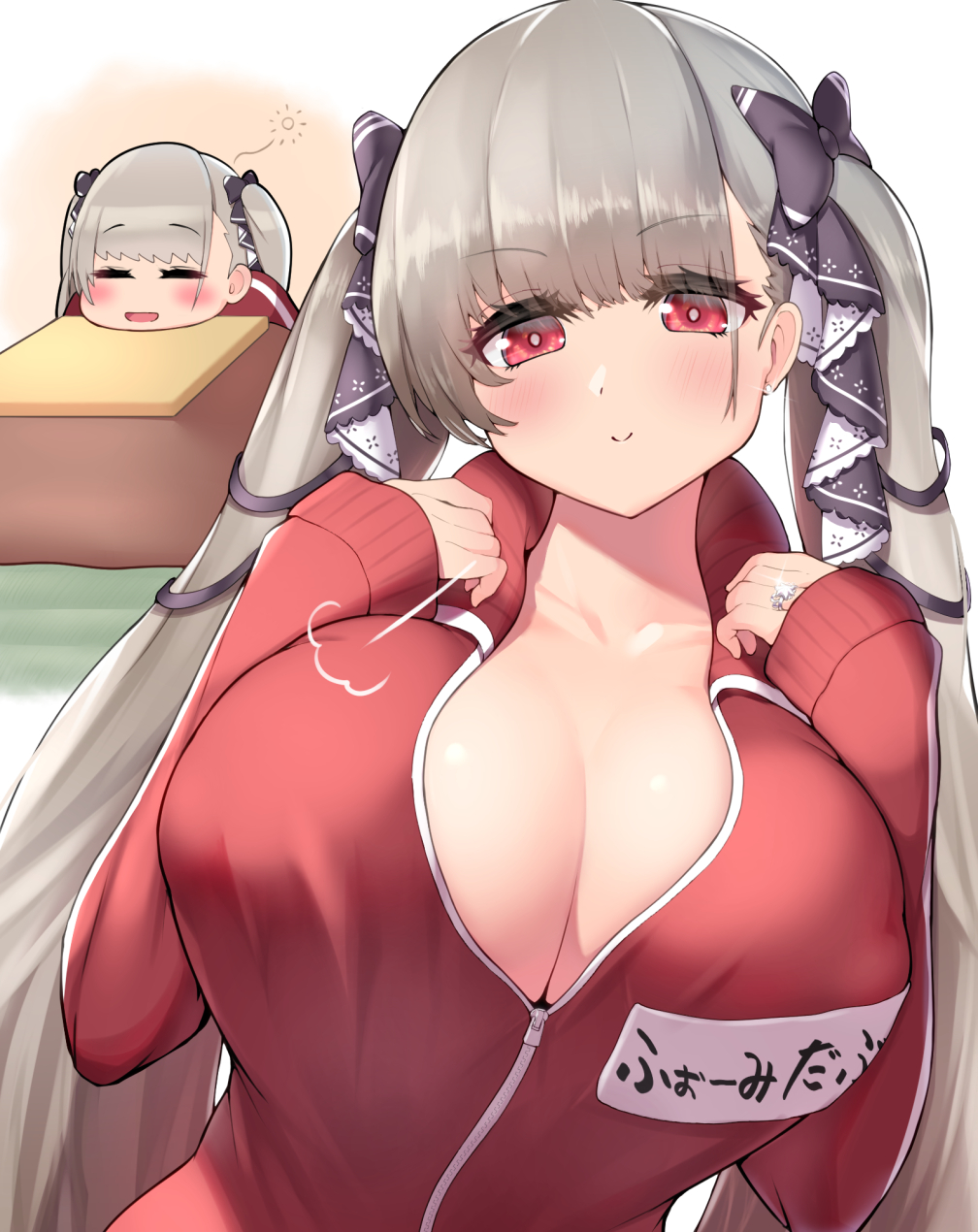 1girls azur_lane big_breasts blush breasts c: cleavage earrings eyebrows_visible_through_hair female formidable_(azur_lane) grey_hair hair_ribbon hands_on_breasts jersey large_breasts long_hair looking_at_viewer red_eyes ring tied_hair twintails two-tone_ribbon ushimittsu very_long_hair