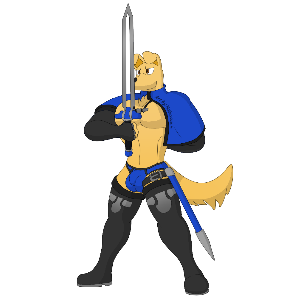 anthro balls_outline bird_dog boots briefs bulge canid canine canis clothed clothing domestic_dog footwear fur genital_outline golden_retriever hair hunting_dog jewelry male mammal melee_weapon muscular necklace notkastar pecs penis_outline retriever solo sword templar underwear weapon