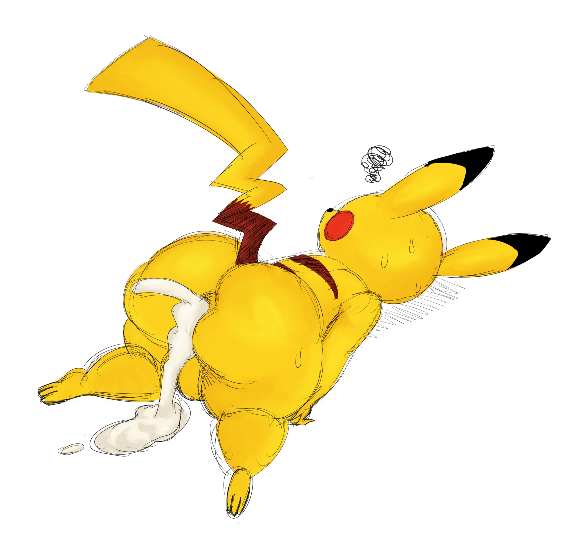 1boy, after sex, ass, balls, big ass, big butt, cum, cum fart, cum in ass, implied gay, looking to the side, male, male only, nintendo, pikachu, pokemon, rodent, solo, sssonic2, sweat