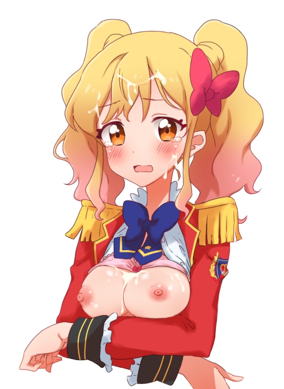 aikatsu!_(series) aikatsu_stars! blue_bow blue_neckwear bow bowtie bra bra_lift breasts breasts_out collared_jacket collared_shirt cropped_torso crossed_arms cum cum_on_body cum_on_breasts cum_on_hair embarrassed epaulettes eyebrows_visible_through_hair facial female gold_trim gradient_hair hairbow jacket kumahubuki long_hair long_sleeves looking_at_viewer multicolored_hair nijino_yume nipples open_clothes open_jacket open_mouth open_shirt orange_eyes pink_bow pink_bra pink_hair raised_eyebrows red_jacket s4_uniform school_emblem school_uniform shiny shiny_hair shiny_skin shirt simple_background solo star_(symbol) straight striped striped_bow tearing_up twintails underwear upper_body wavy_hair wavy_mouth white_background white_shirt yellow_stripe