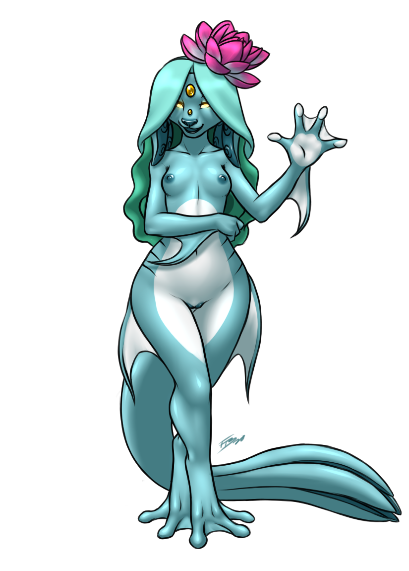 anthro clitoris del'a female fin furball_(artist) genitals marine membrane_(anatomy) multi_clitoris multi_genitalia nokuri solo webbed_feet webbed_hands wide_hips