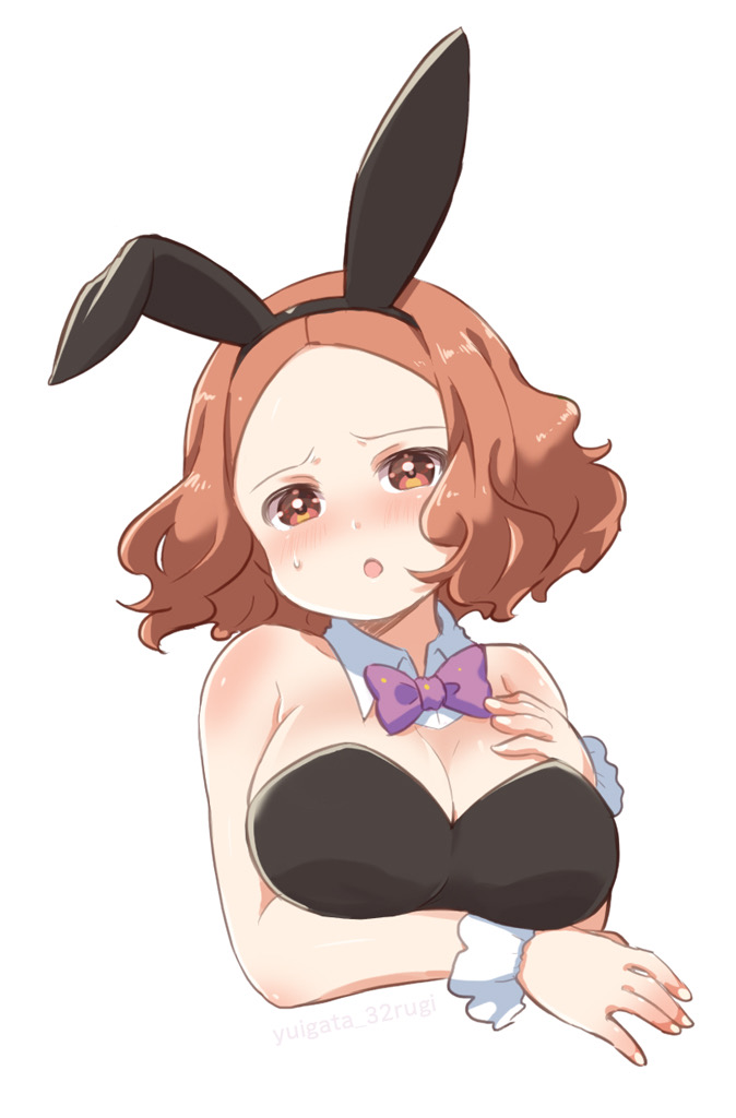 1girls, 2d, atlus, big breasts, blush, breasts, bunny ears, bunny girl, bunnysuit, cleavage, embarrassed, female, haru okumura, persona, persona 5, sega, solo, sweat, white background