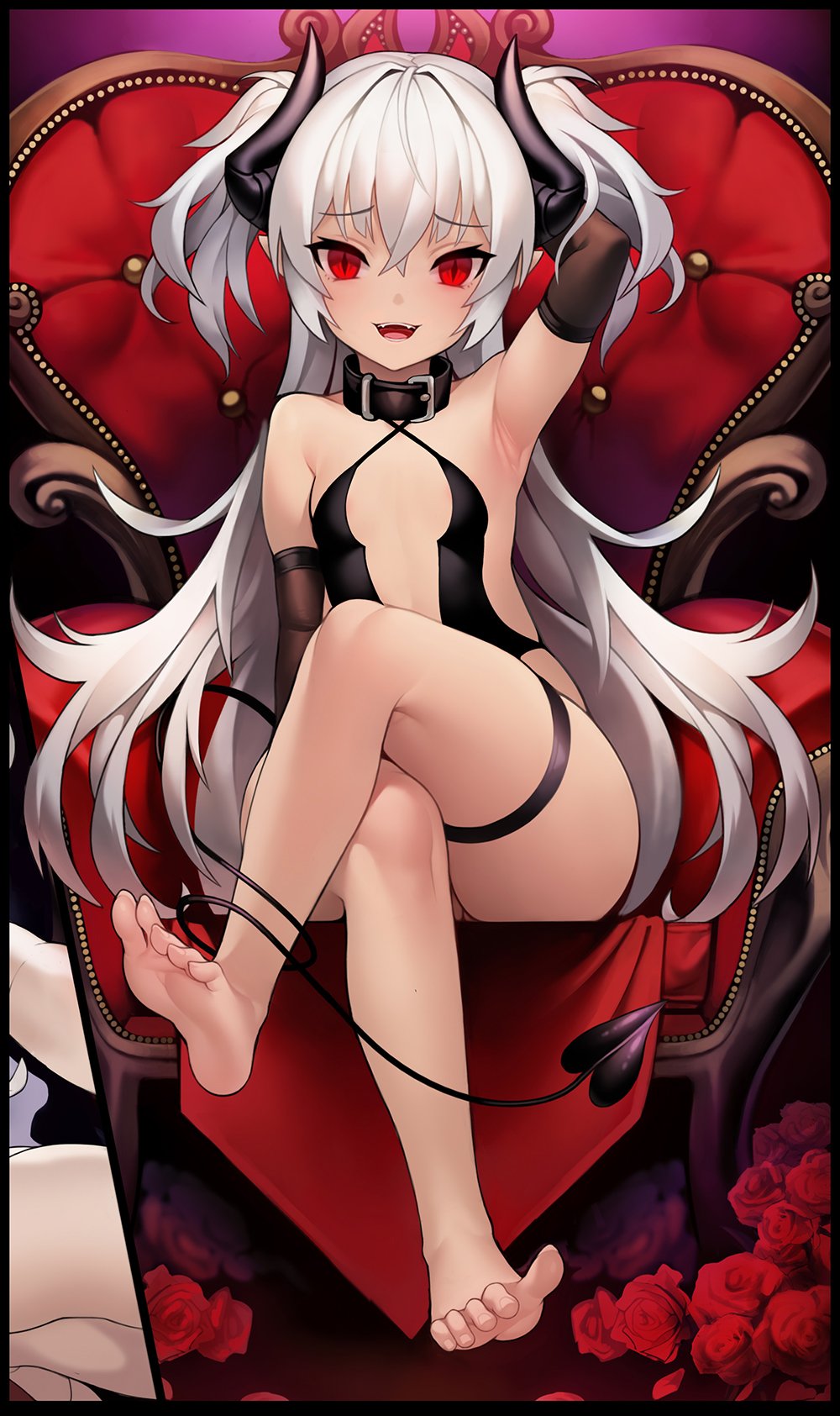 :d arm_up armpits bad_id bad_twitter_id barefoot black_gloves collar criss-cross_halter demon_girl demon_tail elbow_gloves eyebrows_visible_through_hair fangs feet female female_only flat_chest flipped_hair flower gloves glowing_eyes grimgrim halterneck highres horns legs_crossed leotard long_hair looking_at_viewer open_mouth original red_eyes revealing_clothes rose silver_hair sitting slit_pupils smile soles solo tail thigh_strap toes two_side_up work_in_progress