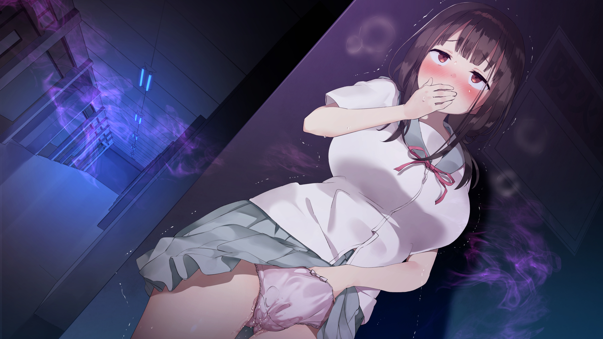 against wall, bangs, black hair, blush, bourei kyoushi x kyonyuu seito yoru no gakkou de oitsukaretara saigo, breasts, breath, clothed masturbation, clothing, covering, covering mouth, embarrassed, female, female focus, fingering, fingering through clothes, hand in own panties, hand in panties, highres, indoors, large breasts, legs, long hair, masturbation, night, nose blush, original, panties, pussy, pussy juice, red eyes, school, school uniform, shichimi manbou, skirt, skirt lift, solo, standing, standing masturbation, thighs, through clothes, trembling, underwear, wet, wet panties