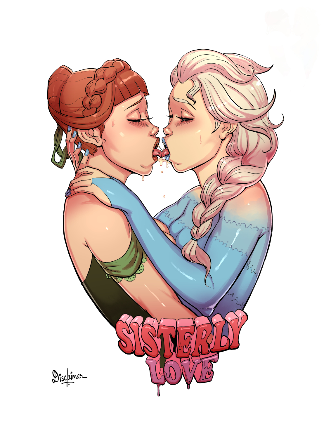 2girls, anna (frozen), blonde hair, braided hair, brown hair, closed eyes, disclaimer, disney, elsa (frozen), female, french kiss, french kissing, frozen (film), incest, kissing, light skin, light-skinned female, lipstick, multiple females, multiple girls, saliva, siblings, simple background, sisters, white background, yuri