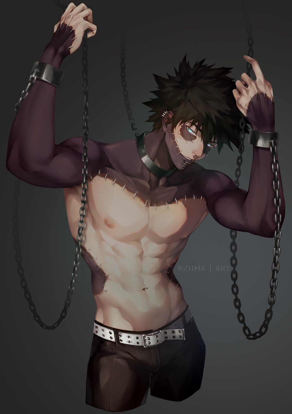 1boy bare_chest black_hair blue_eyes burn_scar chained chained_collar chained_wrists chains collar dabi hands_up kzhma male male_focus male_only muscles muscular muscular_male my_hero_academia pants piercing scar scars shackles shirtless shirtless_(male) solo solo_male spiky_hair todoroki_touya touya_todoroki