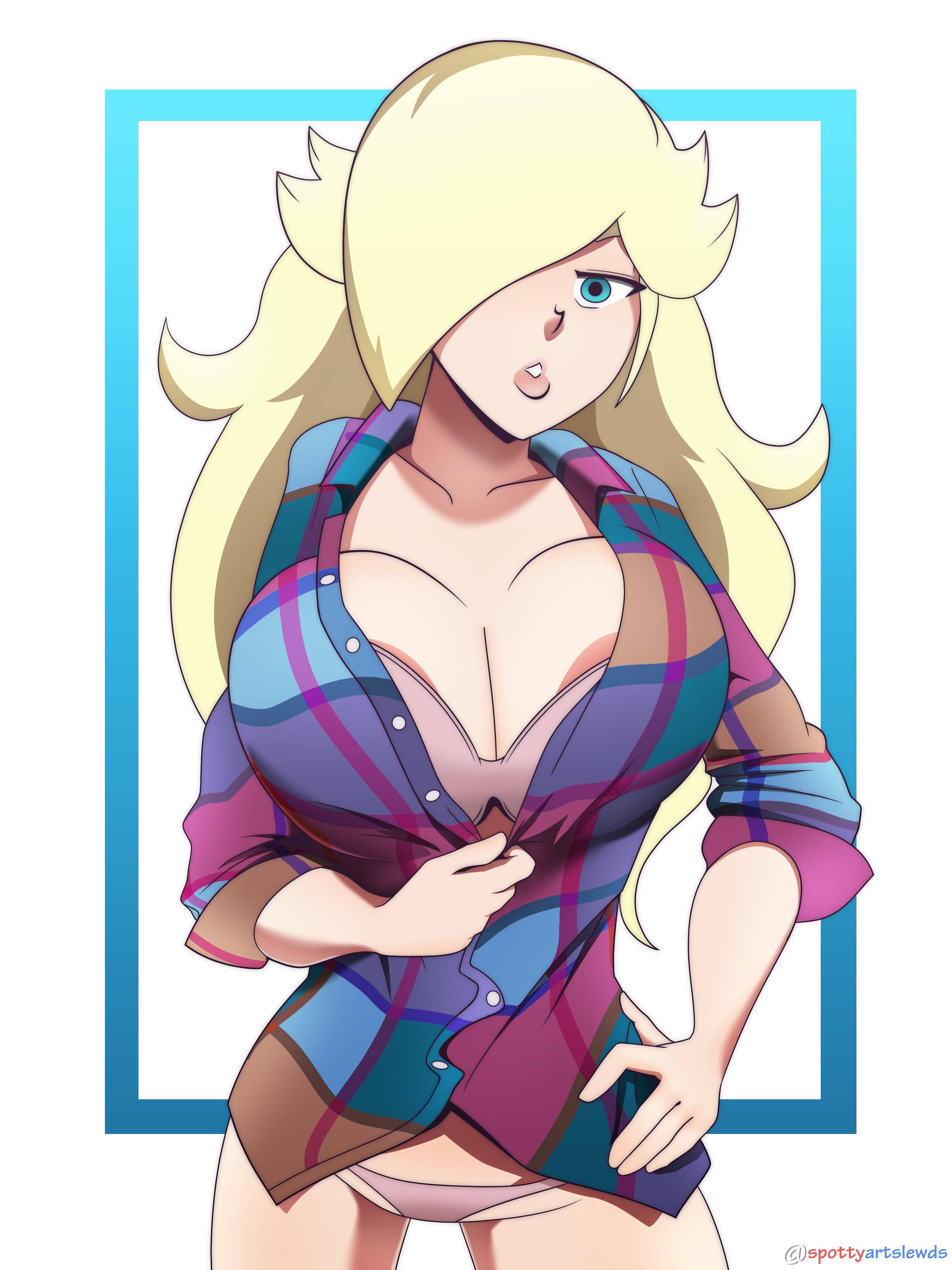 1girls, areola slip, big breasts, blonde hair, blue eyes, bra, breasts, cleavage, female, female only, flannel, hair over one eye, hi res, lips, long hair, looking at viewer, mario (series), nintendo, panties, pink panties, pinup, princess rosalina, shirt, shirt pull, simple background, solo, spottyartslewd, standing, super mario galaxy, underwear