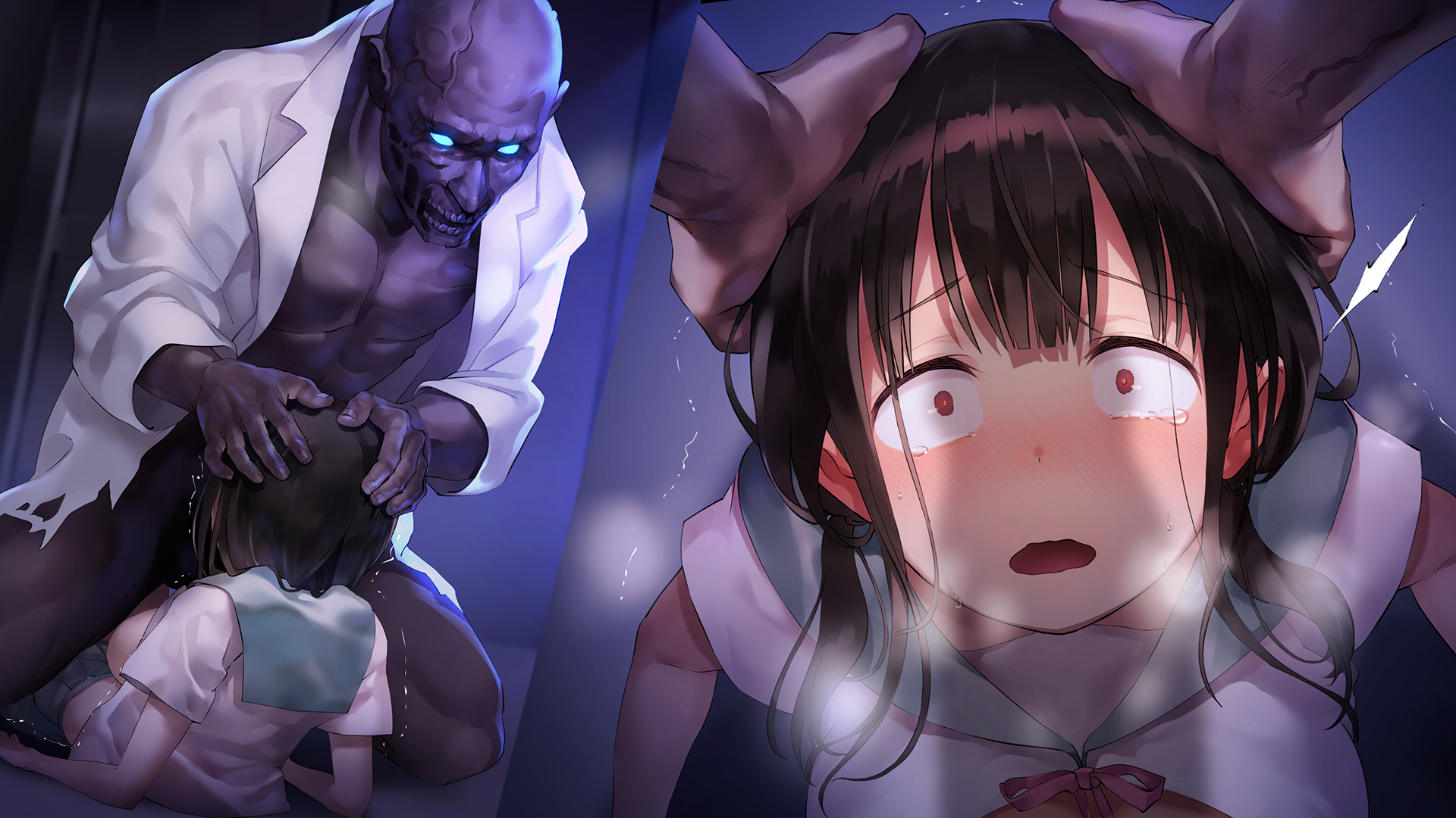bangs, black hair, blush, bourei kyoushi x kyonyuu seito yoru no gakkou de oitsukaretara saigo, breasts, breath, embarrassed, female, from above, glowing, glowing eyes, hands on another's head, highres, imminent fellatio, indoors, large breasts, legs, long hair, lying, male, multiple views, nose blush, open mouth, original, penis, penis awe, penis shadow, pov, rape, red eyes, scared, school uniform, shadow, shichimi manbou, skirt, standing, tears, thighs, trembling, zombie