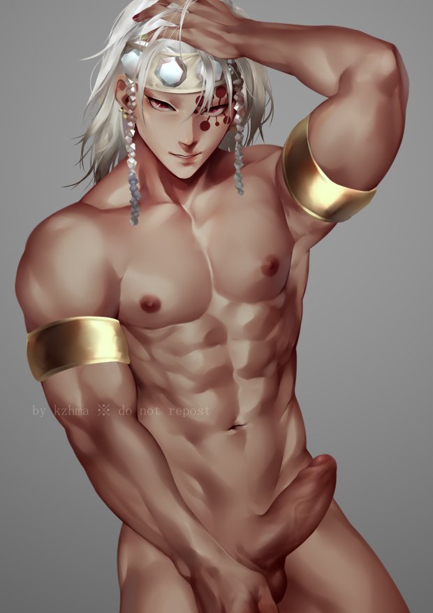 1boy abs armbands armlet bare_chest big_hands big_penis demon_slayer erect_penis erection genitals hair hair_down hand_on_head headgear jewelry kimetsu_no_yaiba kzhma male male_focus male_only muscle muscular_male nude nude_male painting_(artwork) penis realistic red_eyes silver_hair solo solo_focus solo_male uncensored uzui_tengen