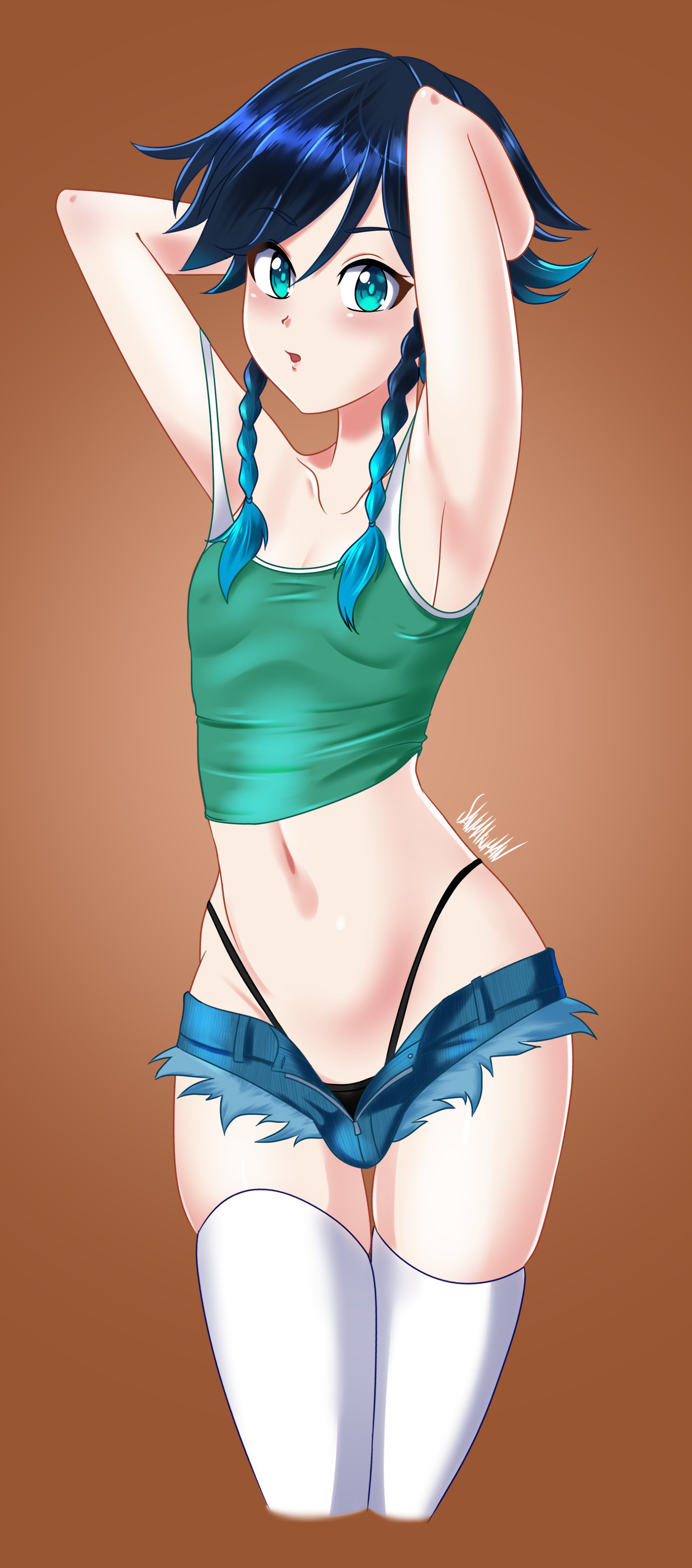 1boy, armpits, danmakuman, femboy, feminine male, genshin impact, male, male only, shorts, solo, standing, thighhighs, thong, venti (genshin impact)