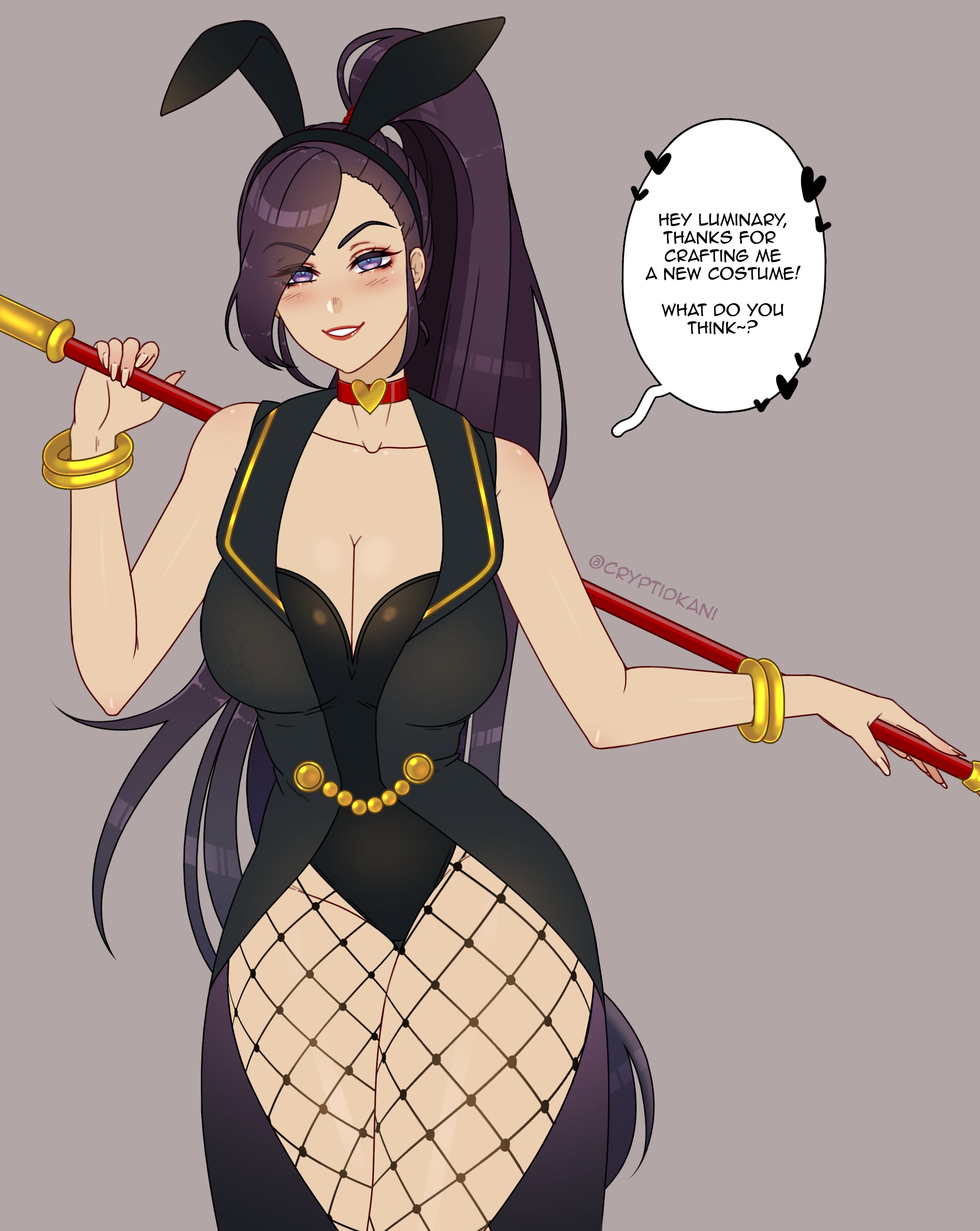 1girls, big breasts, blush, breasts, bunny ears, bunny girl, bunnysuit, cleavage, clothing, collarbone, cryptid crab, dragon quest, dragon quest xi, english text, female, fishnet stockings, fishnets, grin, hair over one eye, jade (dq11), large breasts, long hair, looking at viewer, ponytail, purple eyes, purple hair, smile, solo, solo female, speech bubble, staff, text, thick thighs, very long hair, wide hips