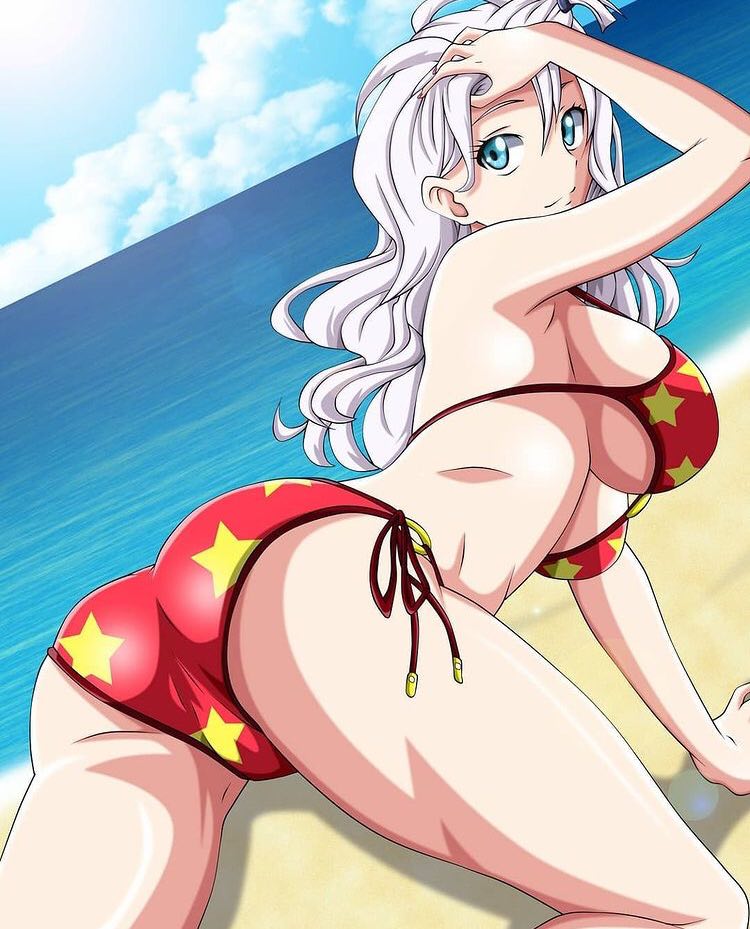1girls, beach, bikini, blue eyes, fairy tail, female, female only, khalilxpirates, mirajane strauss, presenting, sole female, solo, white hair, white-haired female
