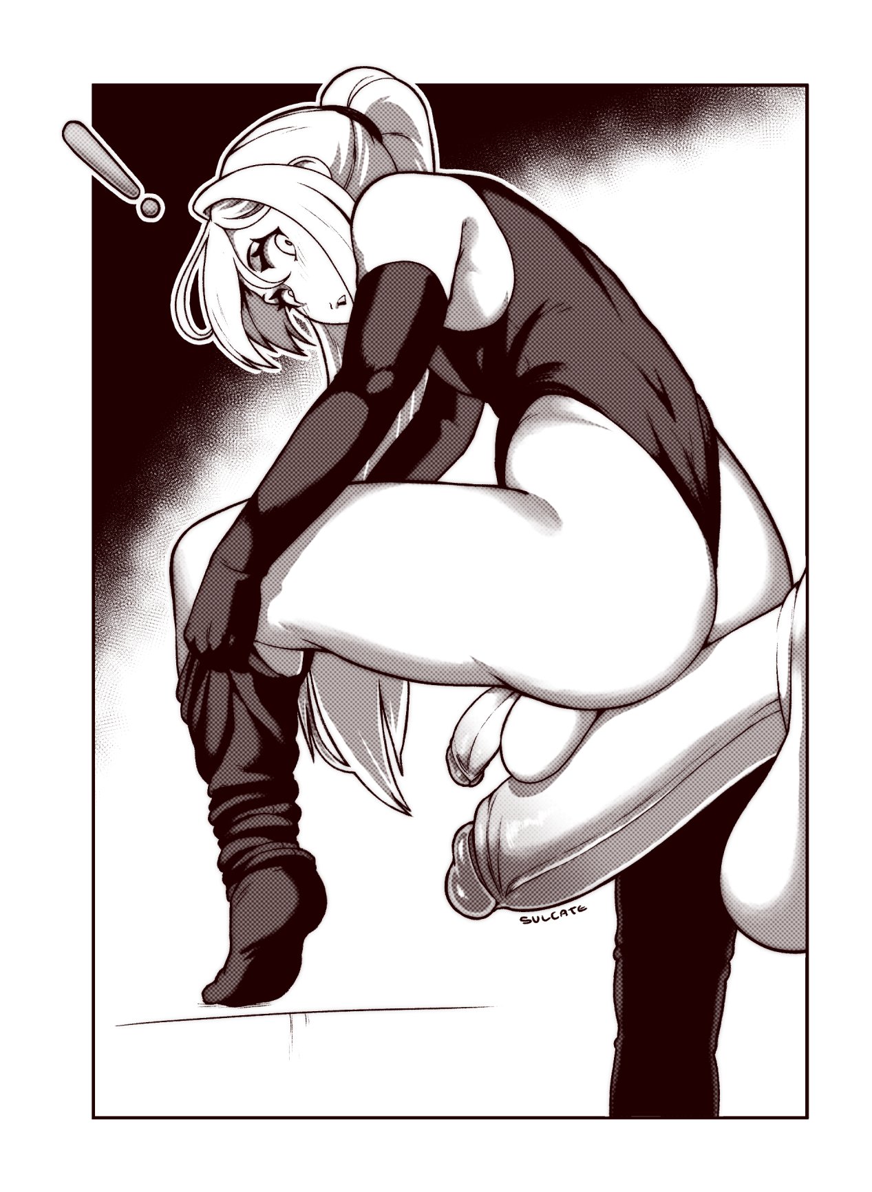 !, 2boys, ass, balls, big ass, clothed, clothing, duo, elbow gloves, erection, femboy, girly, gloves, huge balls, huge cock, human, imminent sex, looking back, male, male only, monochrome, nemesis (necrosmos), partially clothed, penis, penis size difference, penises touching, ponytail, standing, straddling penis, sulcate, surprised, trap, yaoimeowmaster