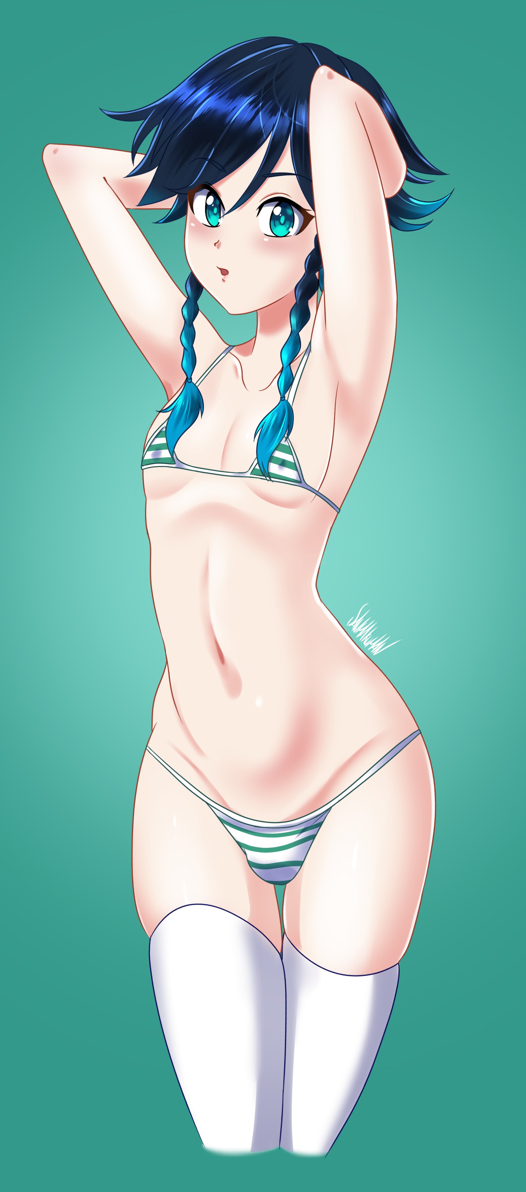 1boy, armpits, danmakuman, femboy, feminine male, genshin impact, male, male only, micro bikini, solo, standing, thighhighs, venti (genshin impact)