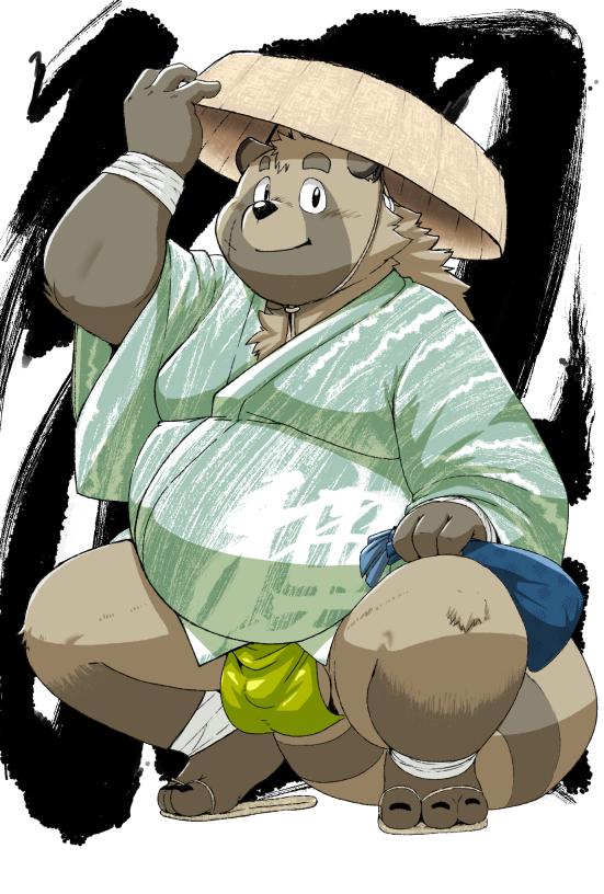 2021 anthro asian_clothing balls brown_body brown_fur bulge canid canine clothed clothing east_asian_clothing fundoshi fur genitals hat headgear headwear japanese_clothing kemono kiyo male mammal overweight overweight_male raccoon_dog solo tanuki underwear