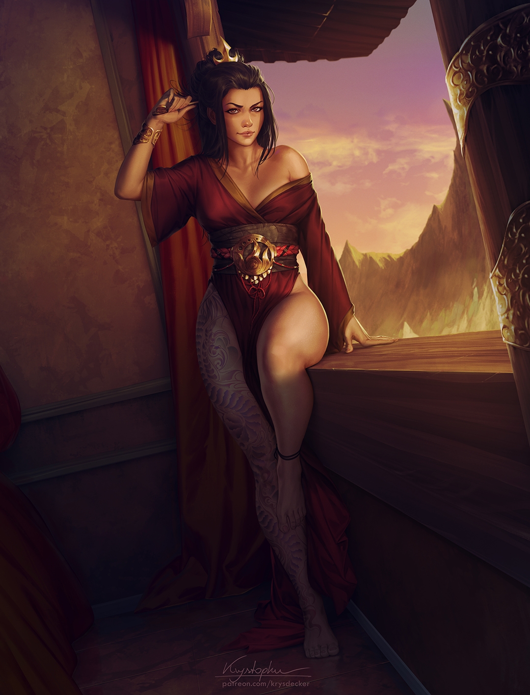 1girls, alternate version available, asian clothing, avatar the last airbender, azula, barefoot, black hair, breasts, clothed, clothing, dress, feet, female, female only, fully clothed, hips, krysdecker, leaning, legs, looking at viewer, nickelodeon, off shoulder, small breasts, smile, solo, tattoo, thick thighs, thighs, tied hair, wide hips, window