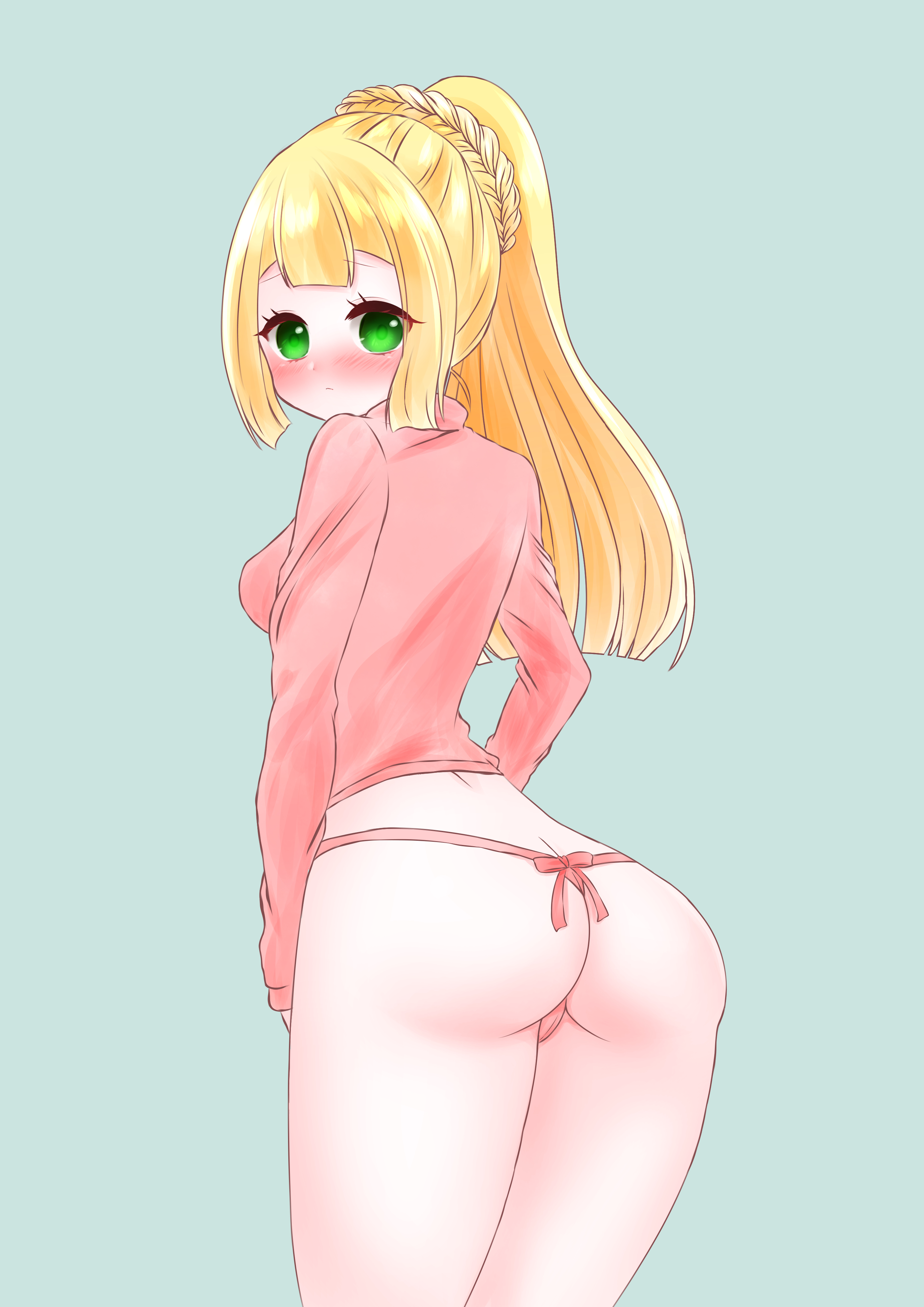 1girls, alternate hairstyle, ass, blonde hair, blush, eye contact, female, green eyes, kuromitsukokutou, lillie (pokemon), looking at viewer, nintendo, panties, pokemon, pokemon sm, ponytail, solo, thick thighs
