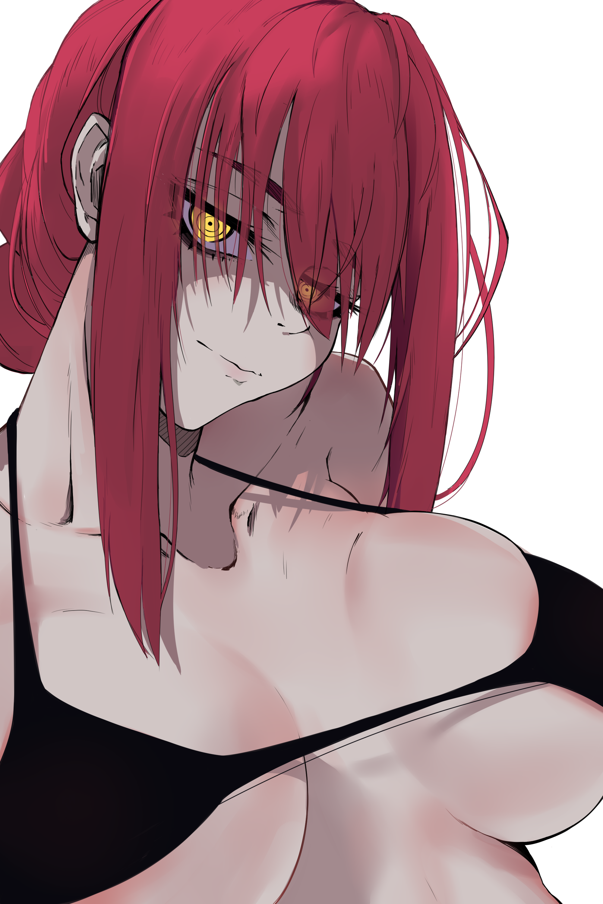 1girls, absurd res, big breasts, black bra, bra, breasts, chainsaw man, doll dol1, female, glowing eyes, huge breasts, light skin, light-skinned female, long hair, looking at viewer, makima (chainsaw man), pale skin, pale-skinned female, red hair, serious, underwear, white background, yellow eyes
