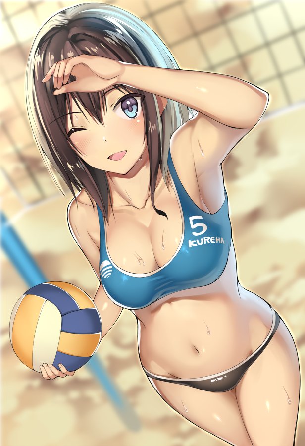 ;d armpits bare_shoulders beach_volleyball bikini bikini_bottom blue_eyes bra breasts brown_hair clavicle cleavage female groin kureha_(ironika) medium_breasts midriff navel one_eye_closed open_mouth original smile solo sports_bikini sports_bra sweat swimsuit tsubasa_(kureha) underwear volleyball volleyball_net winking