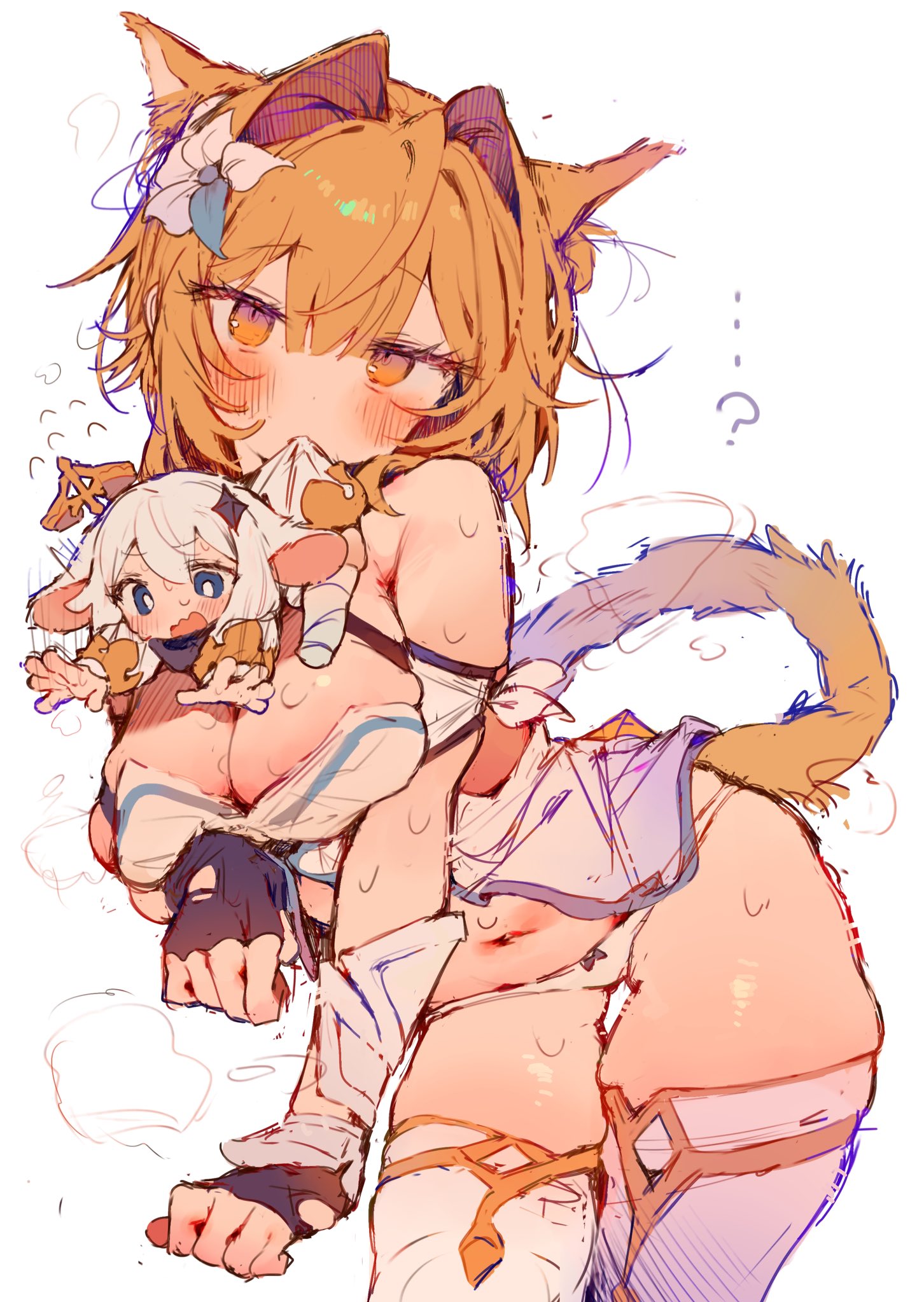 ?, 2girls, blue eyes, blush, breasts, cat ears, cat girl, cat tail, catgirl, cleavage, female, female only, fingerless gloves, flower in hair, genshin impact, hair between eyes, highres, large breasts, looking at viewer, lumine (genshin impact), mouse ears, mouse girl, navel, orange eyes, orange hair, otintin, paimon (genshin impact), partially clothed, sweat, sweatdrop, thighhighs, thighs, white background, white hair, white legwear, white panties, wide hips