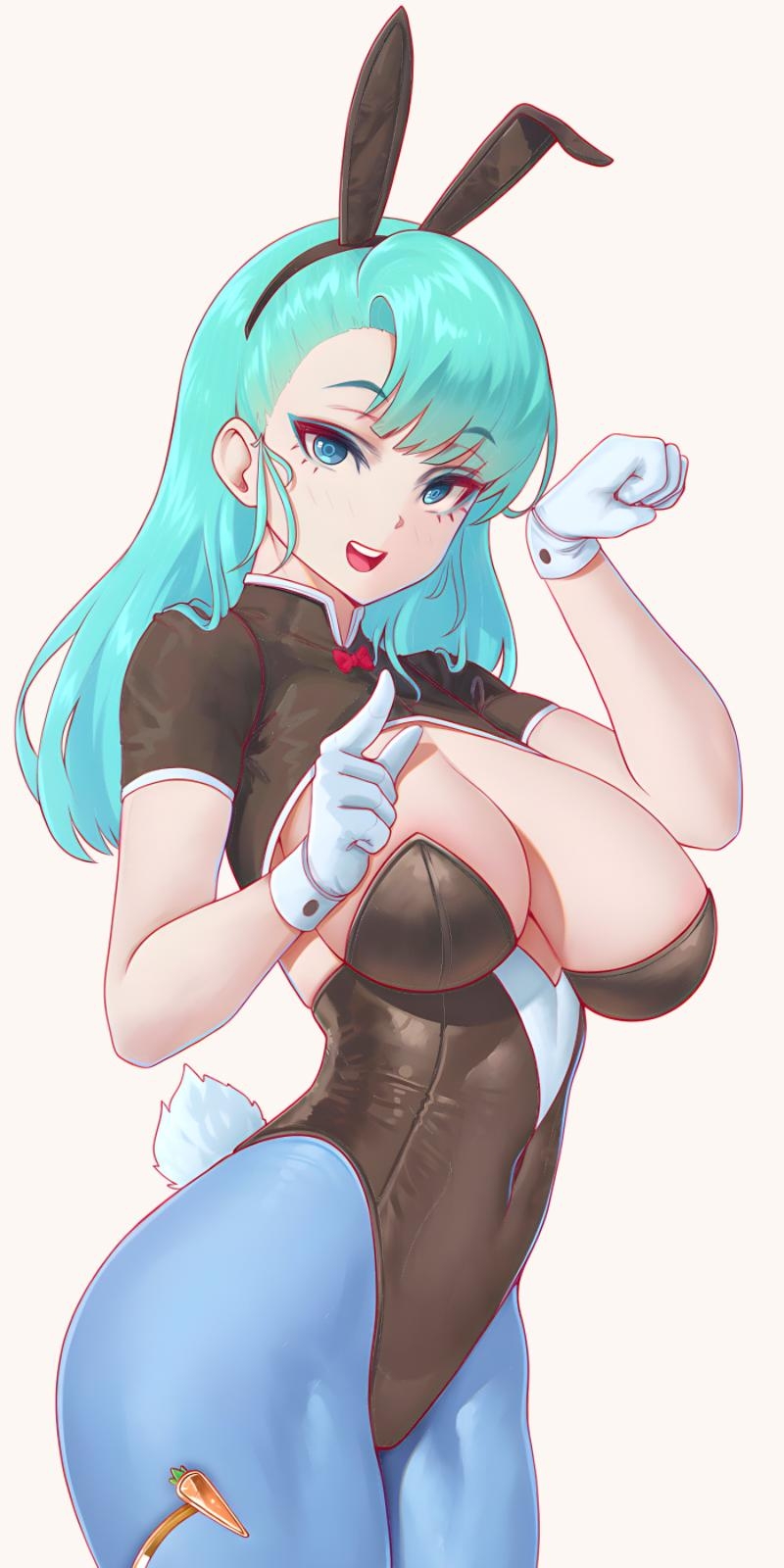 ass, big breasts, blue hair, breasts, bubble ass, bubble butt, bulma (bunny), bulma briefs, bunny ears, bunny tail, bunnysuit, busty, cleavage, clothing, cute, dragon ball, dragon ball (classic), female, huge breasts, long hair, pantyhose, teenage bulma